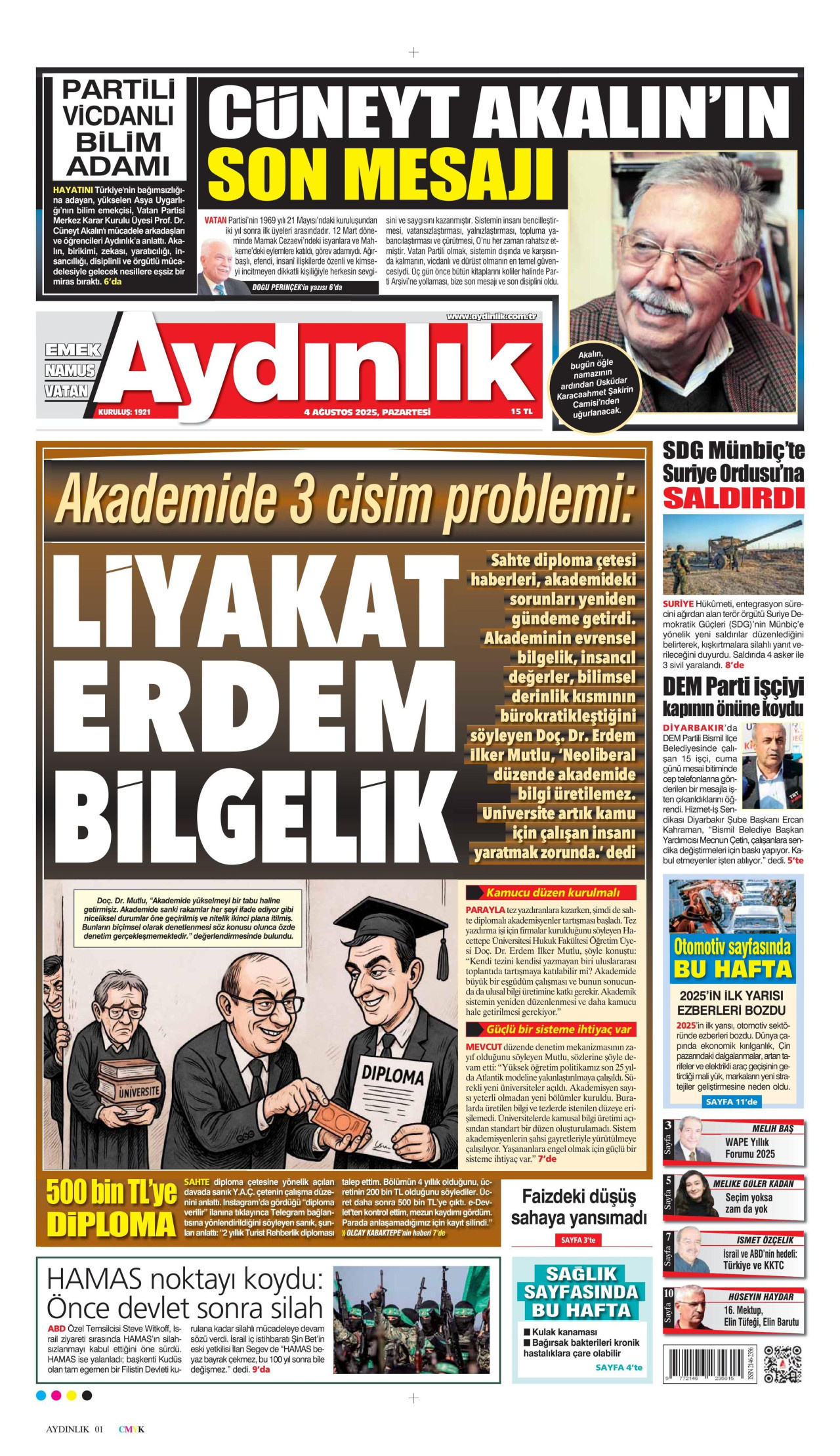 AYDINLIK GAZETESİ gazetesinin 4 Ağustos 2025 tarihli birinci sayfası