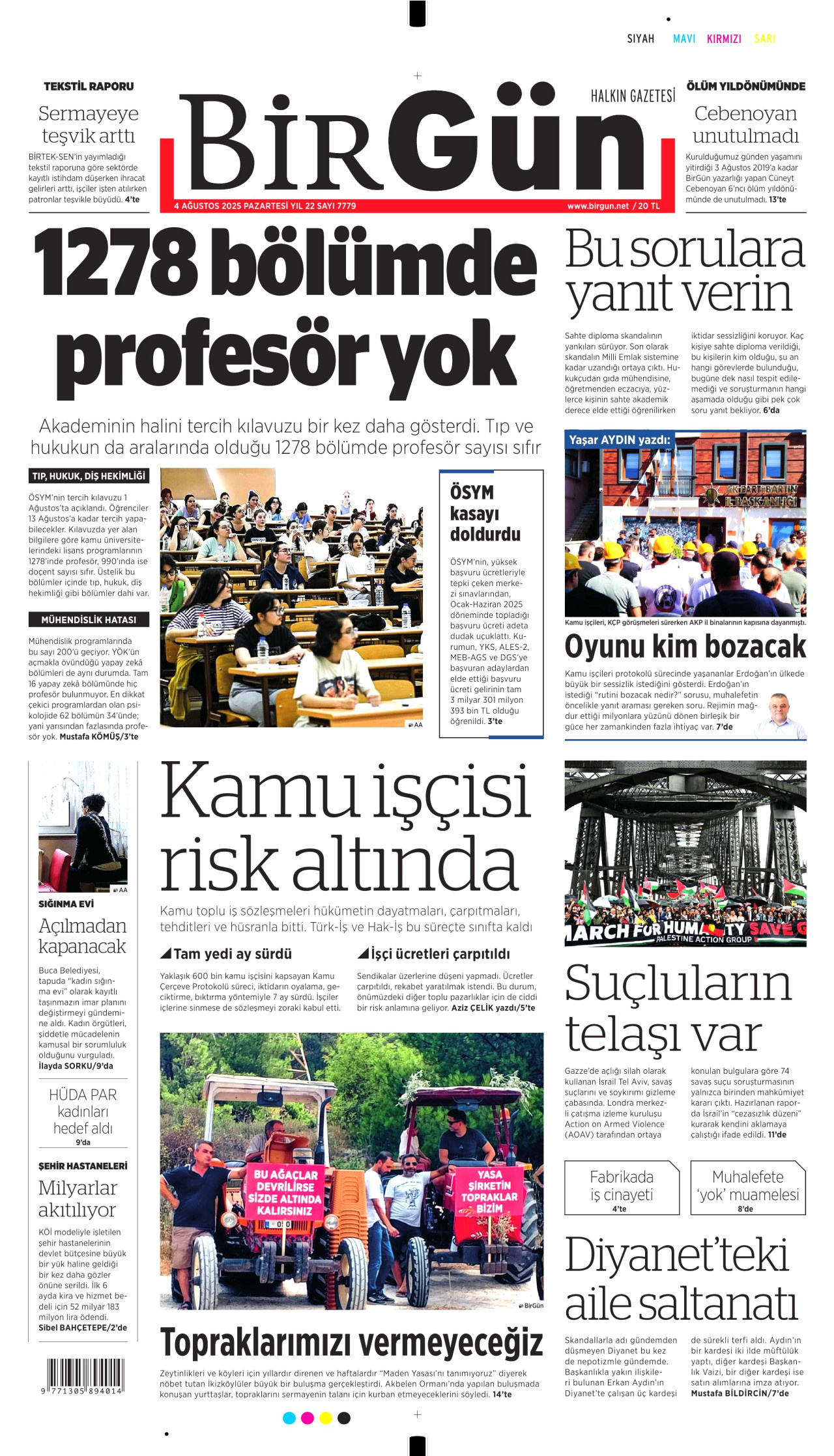 BİRGÜN gazetesinin 4 Ağustos 2025 tarihli birinci sayfası