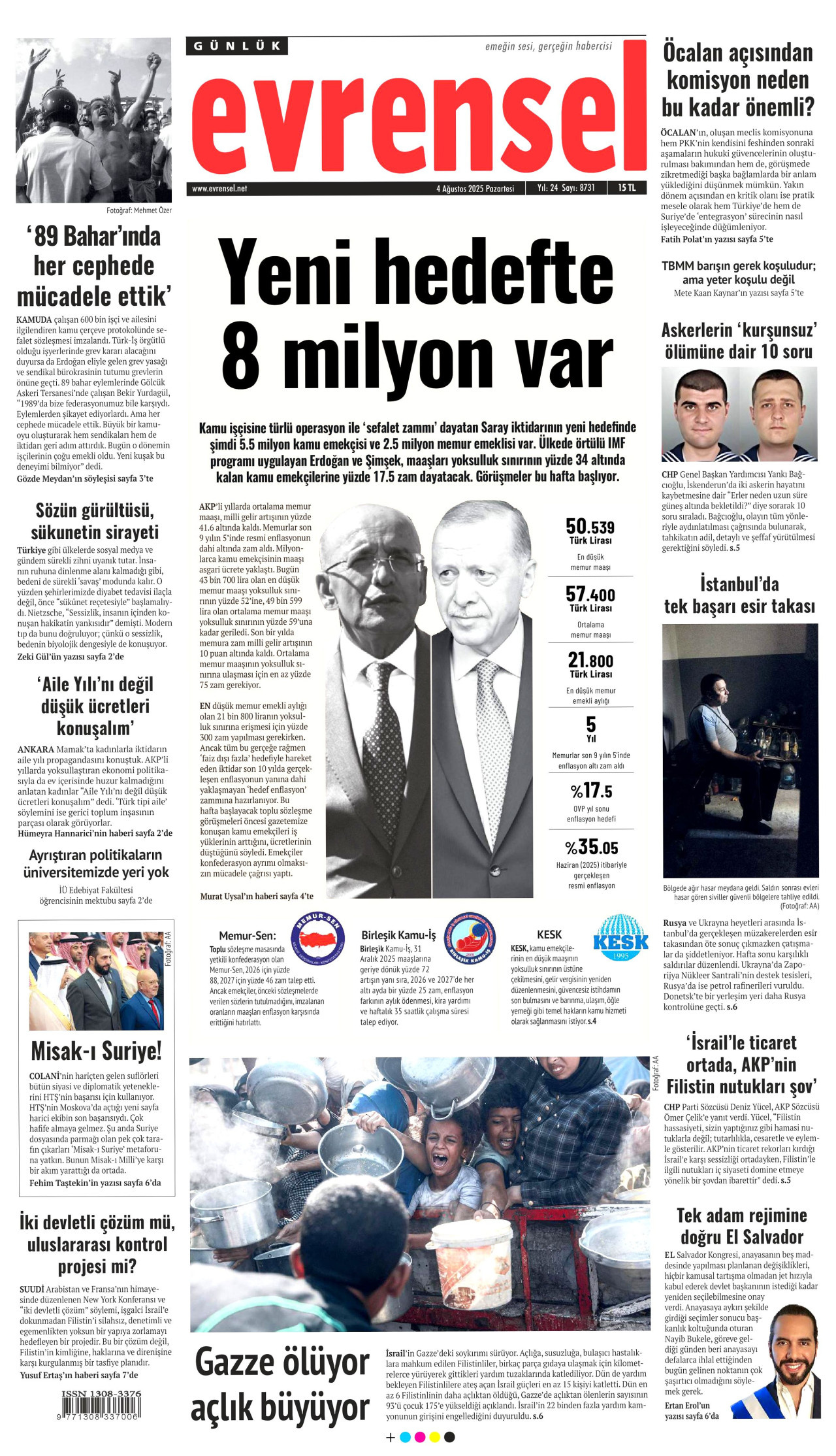 EVRENSEL gazetesinin 4 Ağustos 2025 tarihli birinci sayfası