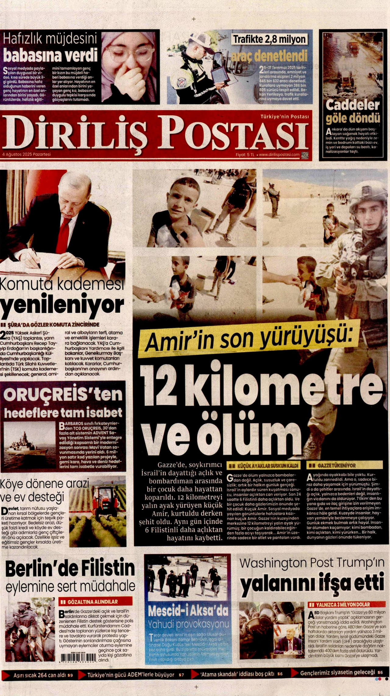 DİRİLİŞ POSTASI gazetesinin 4 Ağustos 2025 tarihli birinci sayfası