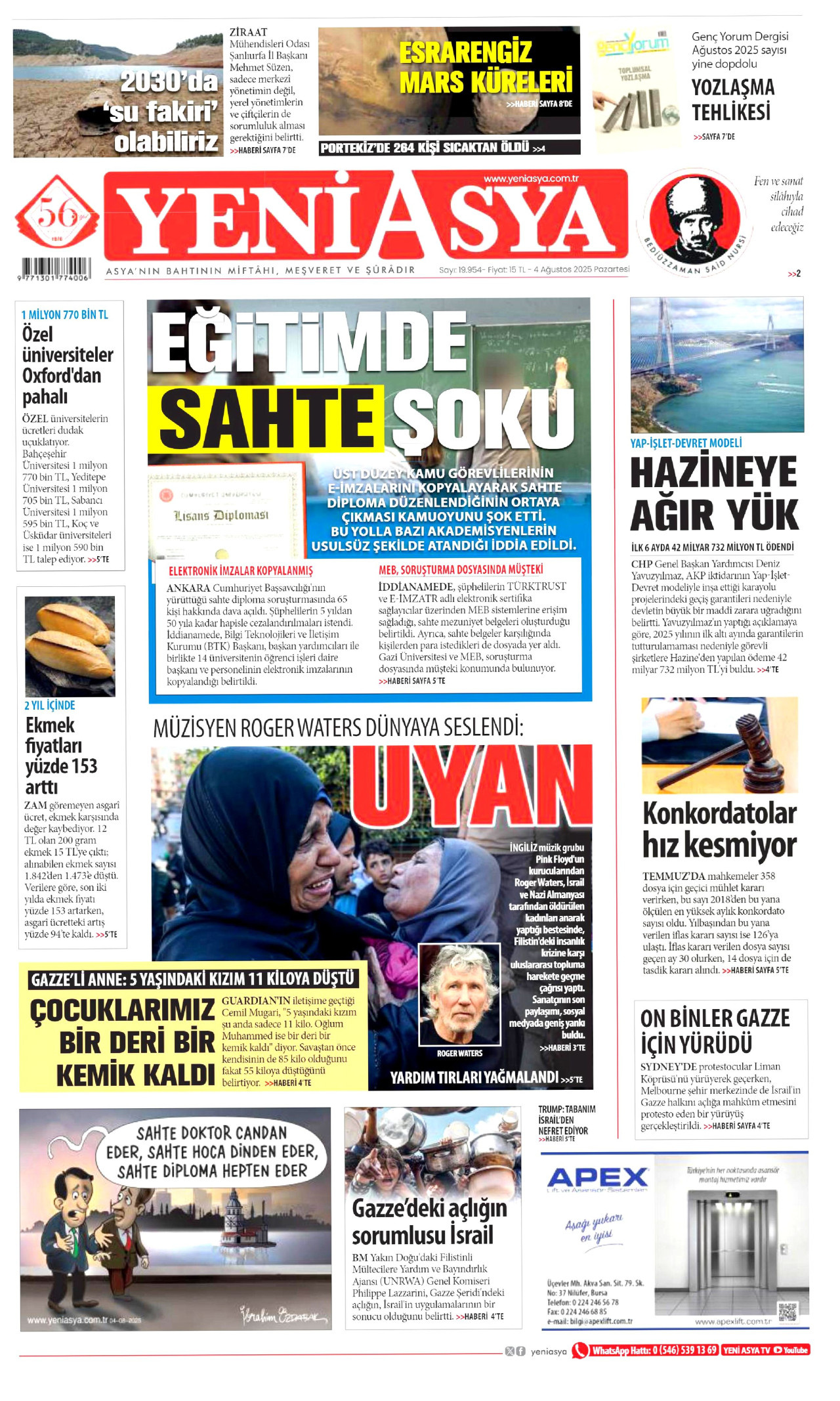 YENİ ASYA gazetesinin 4 Ağustos 2025 tarihli birinci sayfası