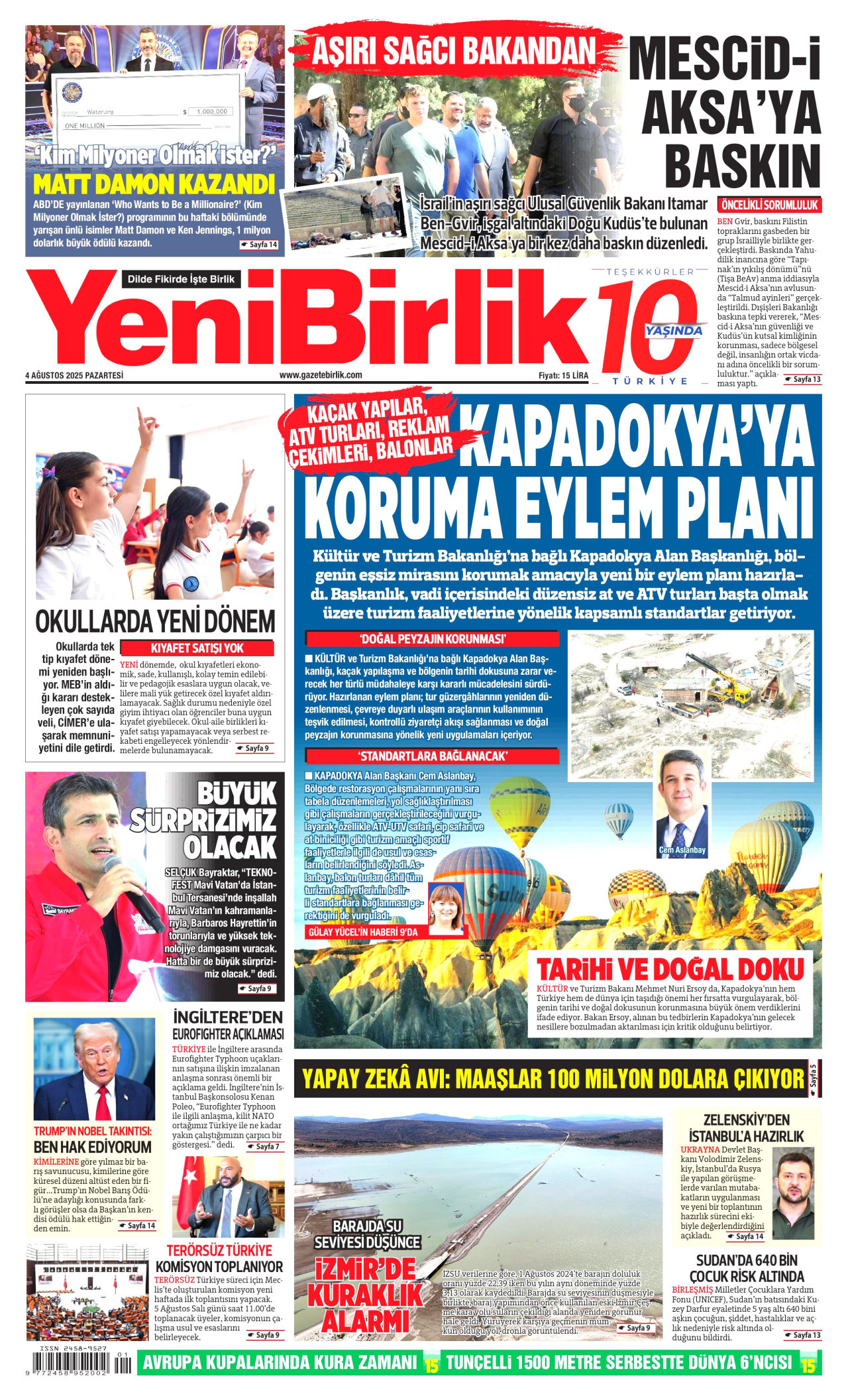YENİBİRLİK gazetesinin 4 Ağustos 2025 tarihli birinci sayfası
