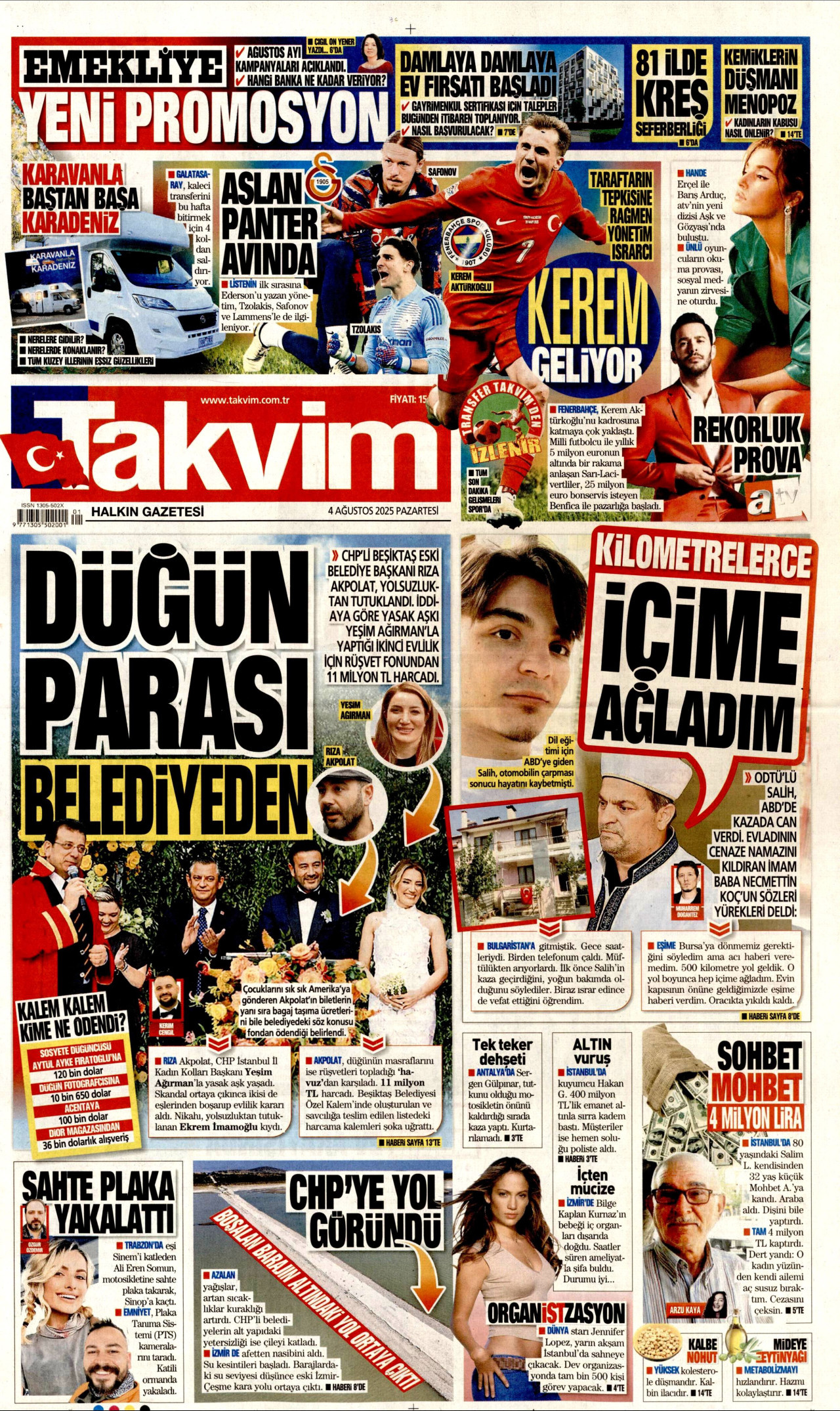 TAKVİM gazetesinin 4 Ağustos 2025 tarihli birinci sayfası