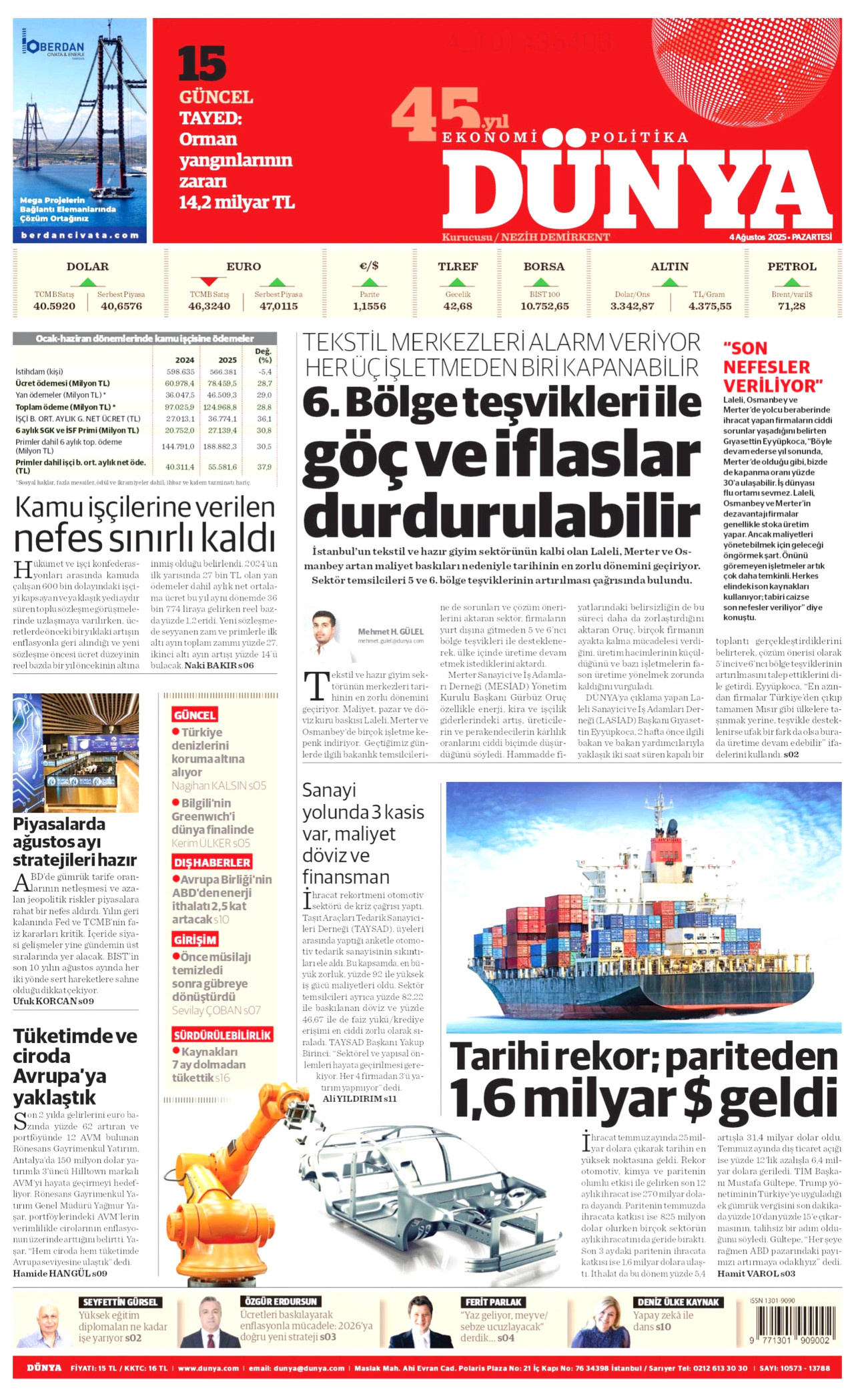 DÜNYA gazetesinin 4 Ağustos 2025 tarihli birinci sayfası