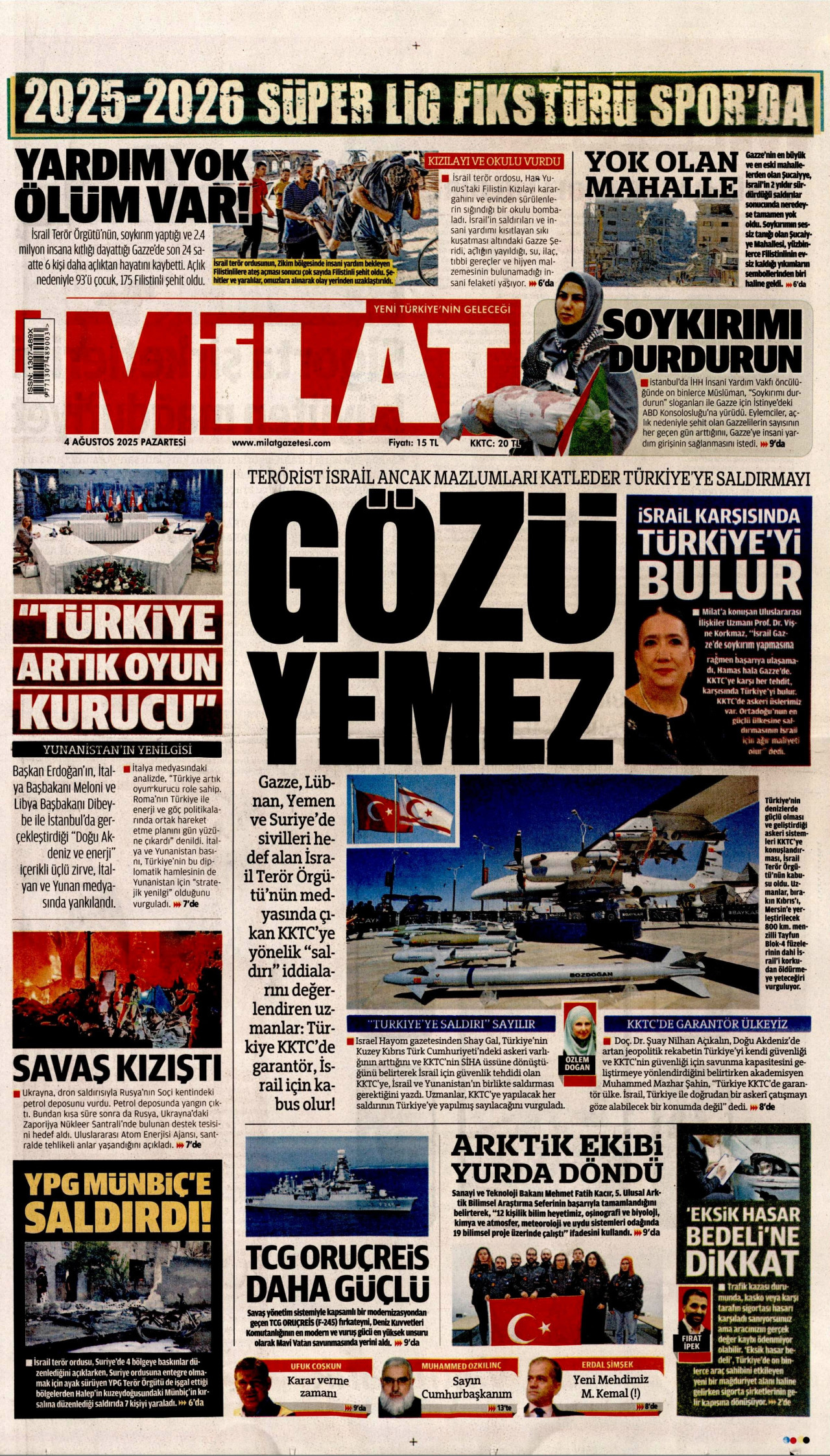 MİLAT gazetesinin 4 Ağustos 2025 tarihli birinci sayfası