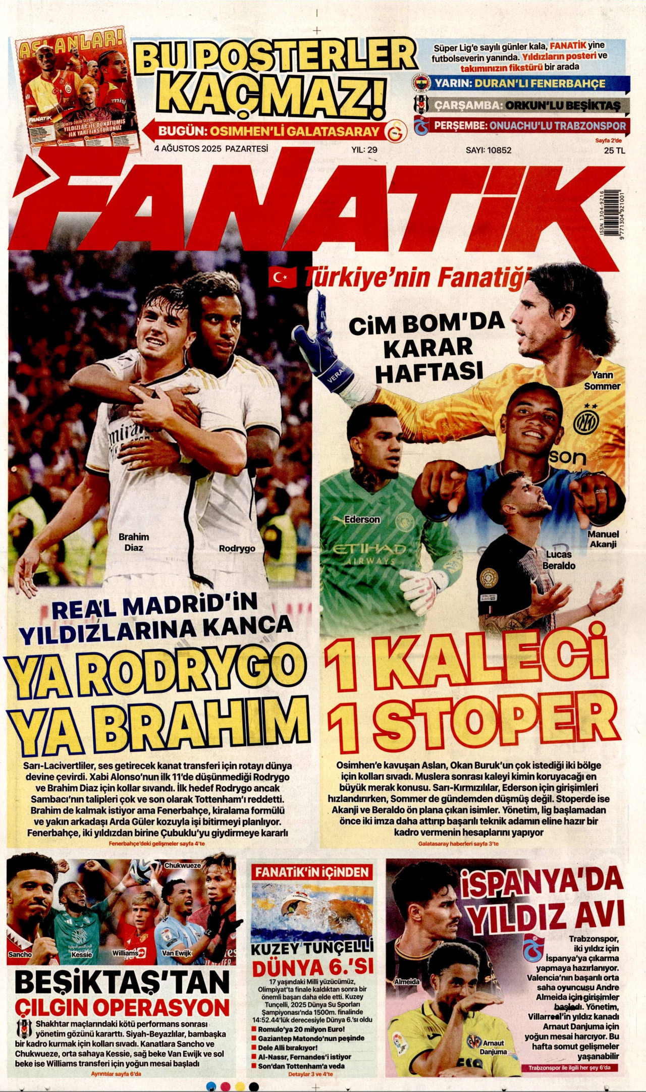 FANATİK gazetesinin 4 Ağustos 2025 tarihli birinci sayfası