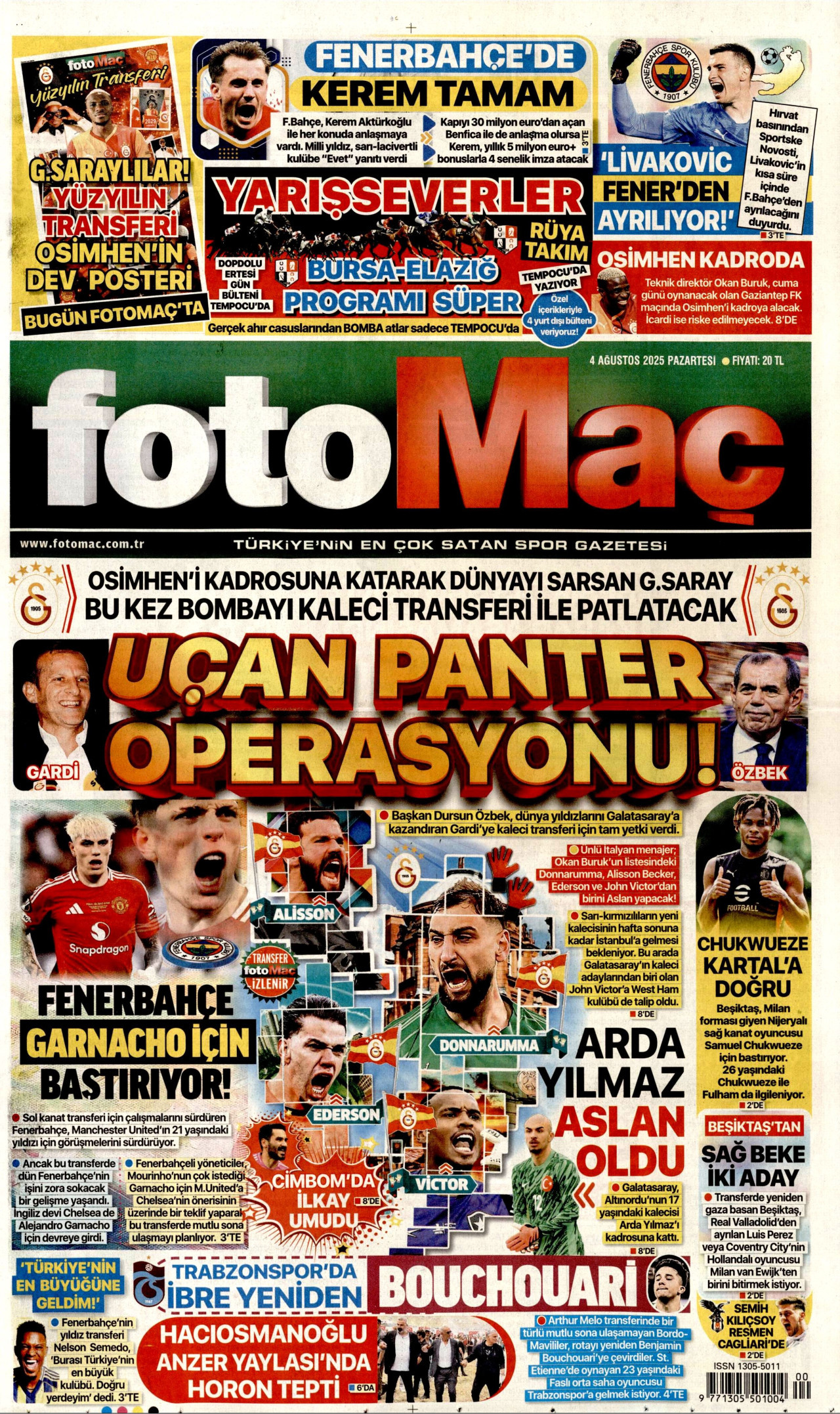 FOTOMAÇ gazetesinin 4 Ağustos 2025 tarihli birinci sayfası