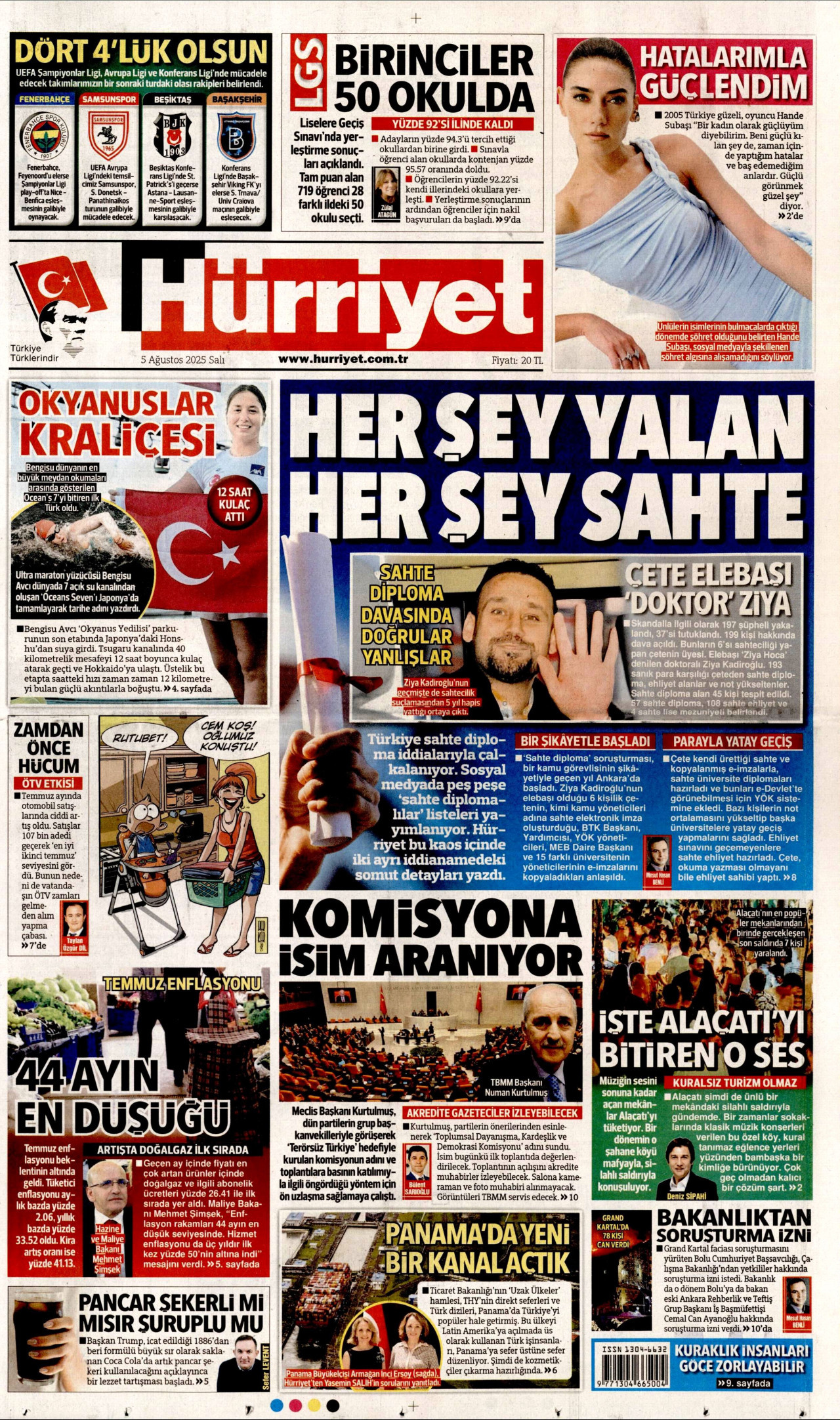HÜRRİYET gazetesinin 5 Ağustos 2025 tarihli birinci sayfası