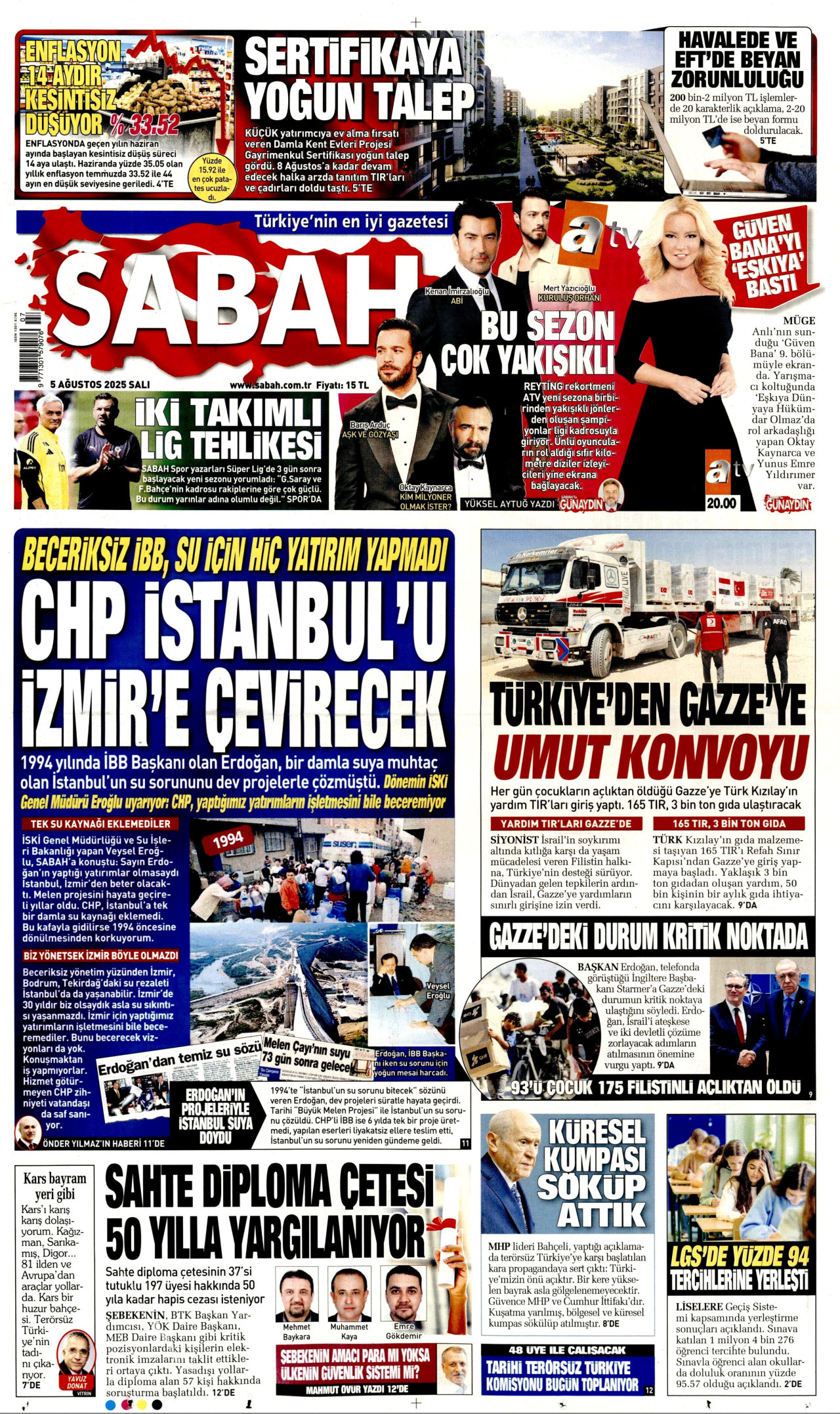 SABAH gazetesinin 5 Ağustos 2025 tarihli birinci sayfası