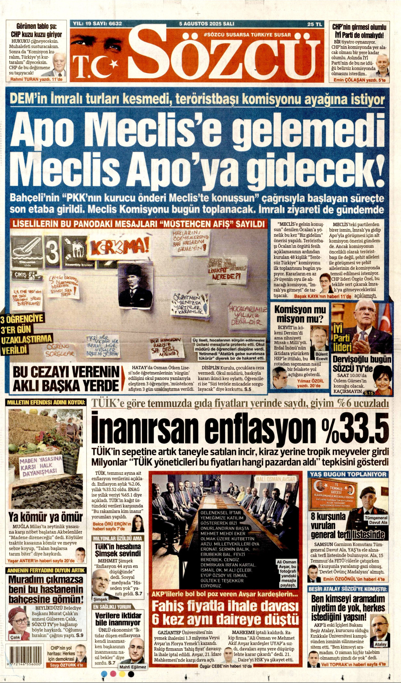 SÖZCÜ gazetesinin 5 Ağustos 2025 tarihli birinci sayfası