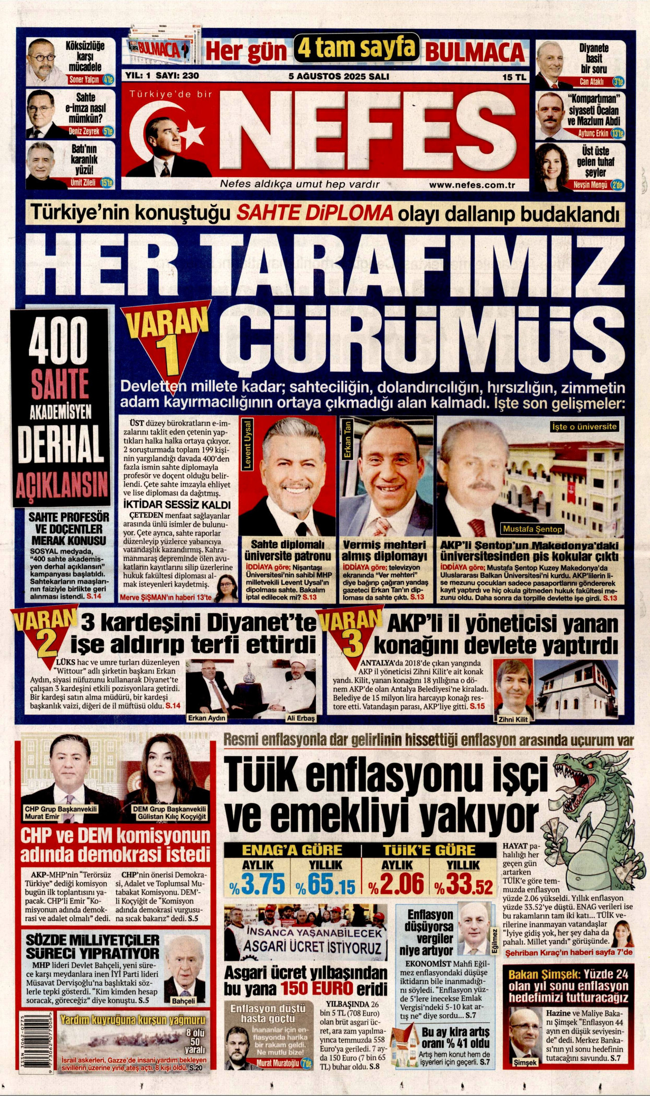 NEFES gazetesinin 5 Ağustos 2025 tarihli birinci sayfası