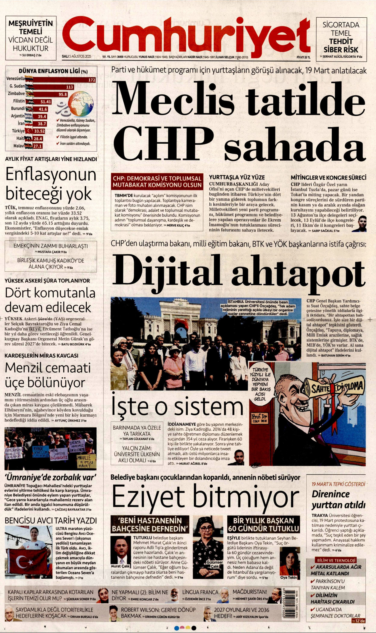 CUMHURİYET gazetesinin 5 Ağustos 2025 tarihli birinci sayfası