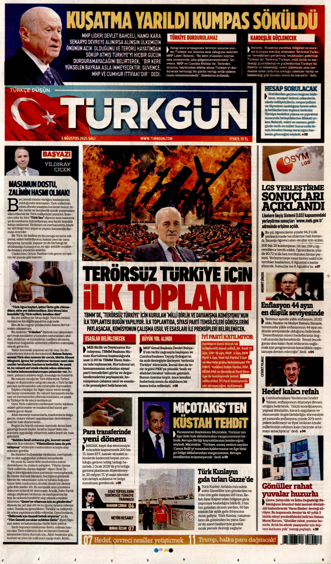 TÜRKGÜN gazetesinin 5 Ağustos 2025 tarihli birinci sayfası
