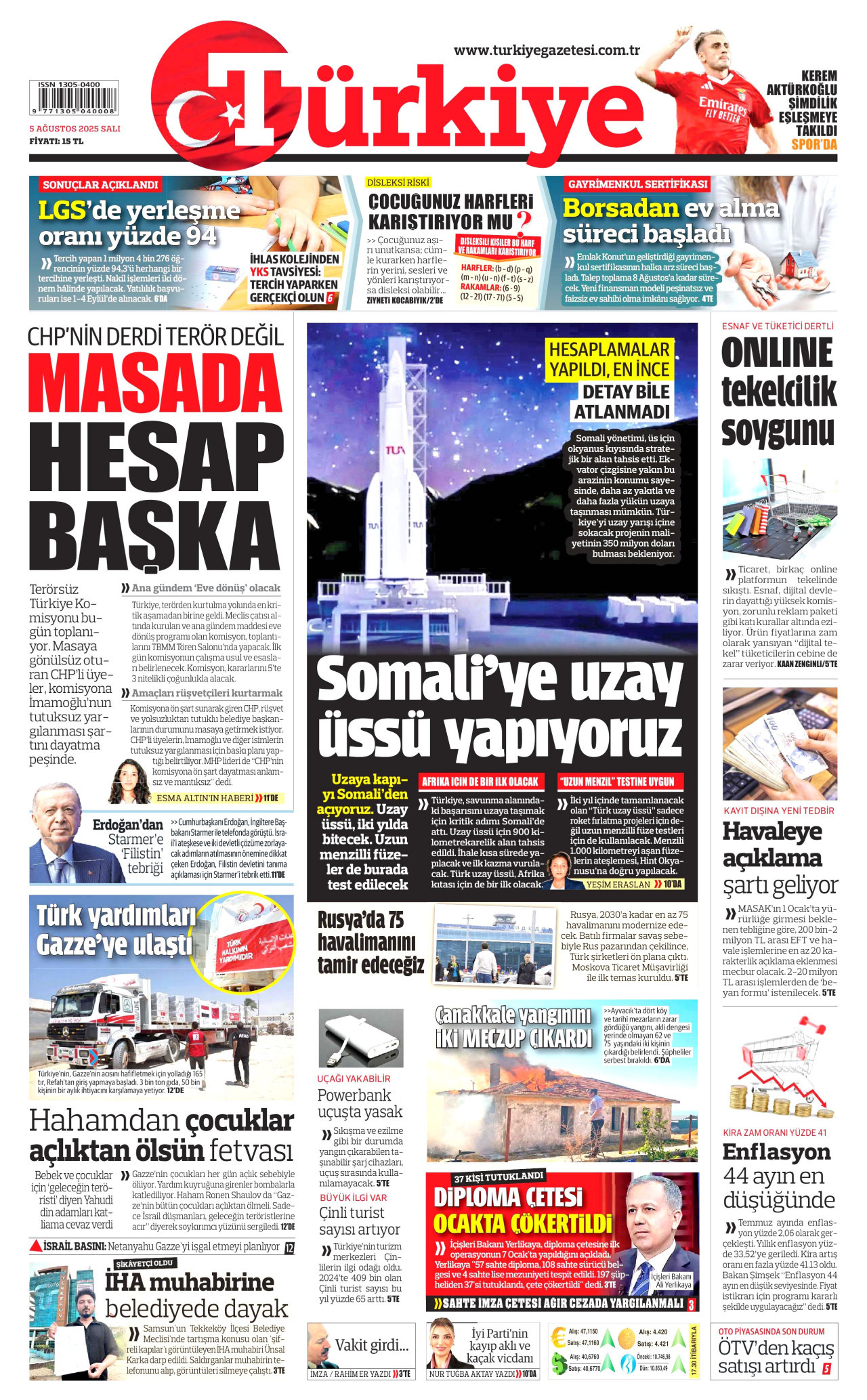TÜRKİYE GAZETESİ gazetesinin 5 Ağustos 2025 tarihli birinci sayfası