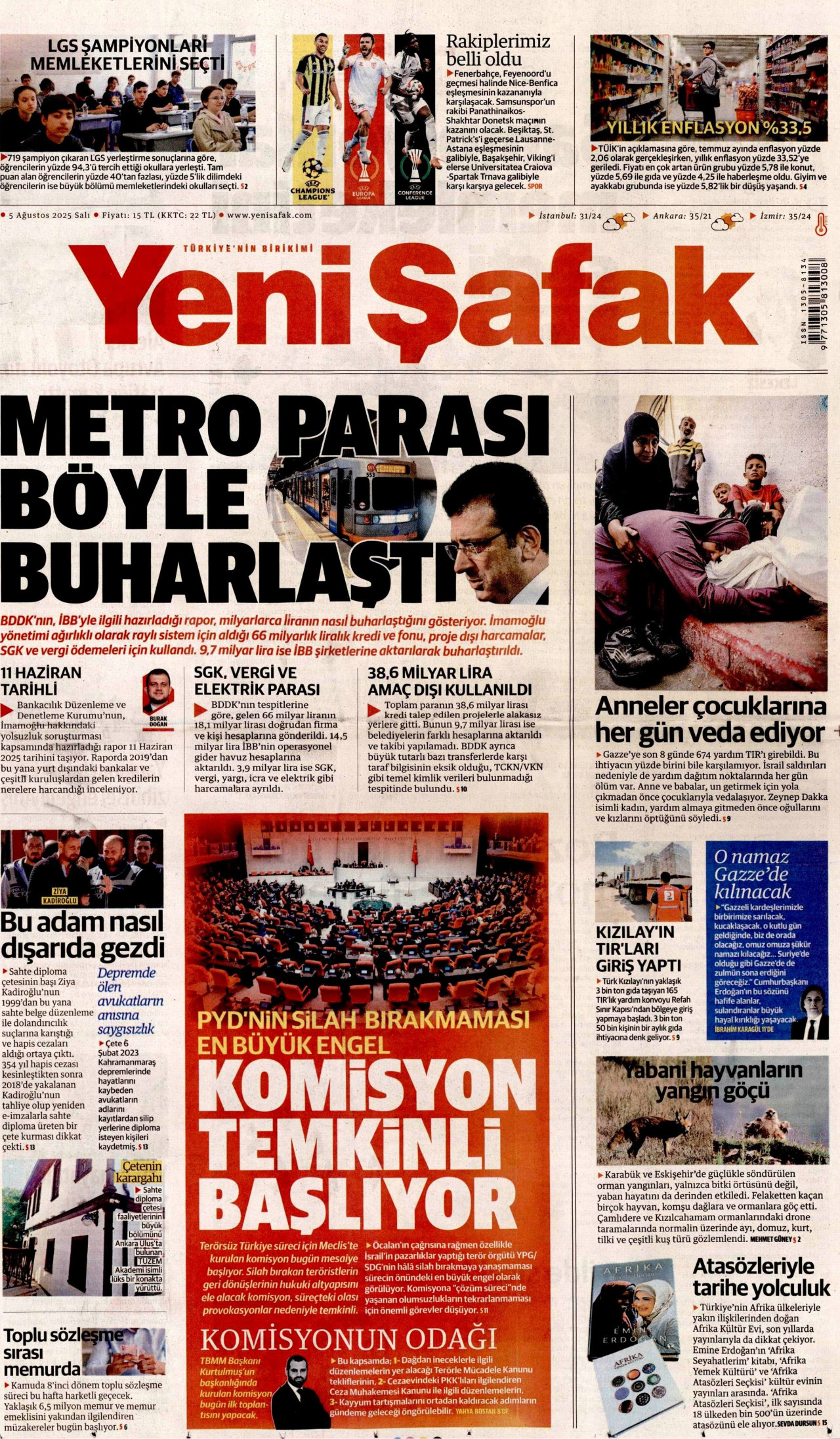 YENİ ŞAFAK gazetesinin 5 Ağustos 2025 tarihli birinci sayfası