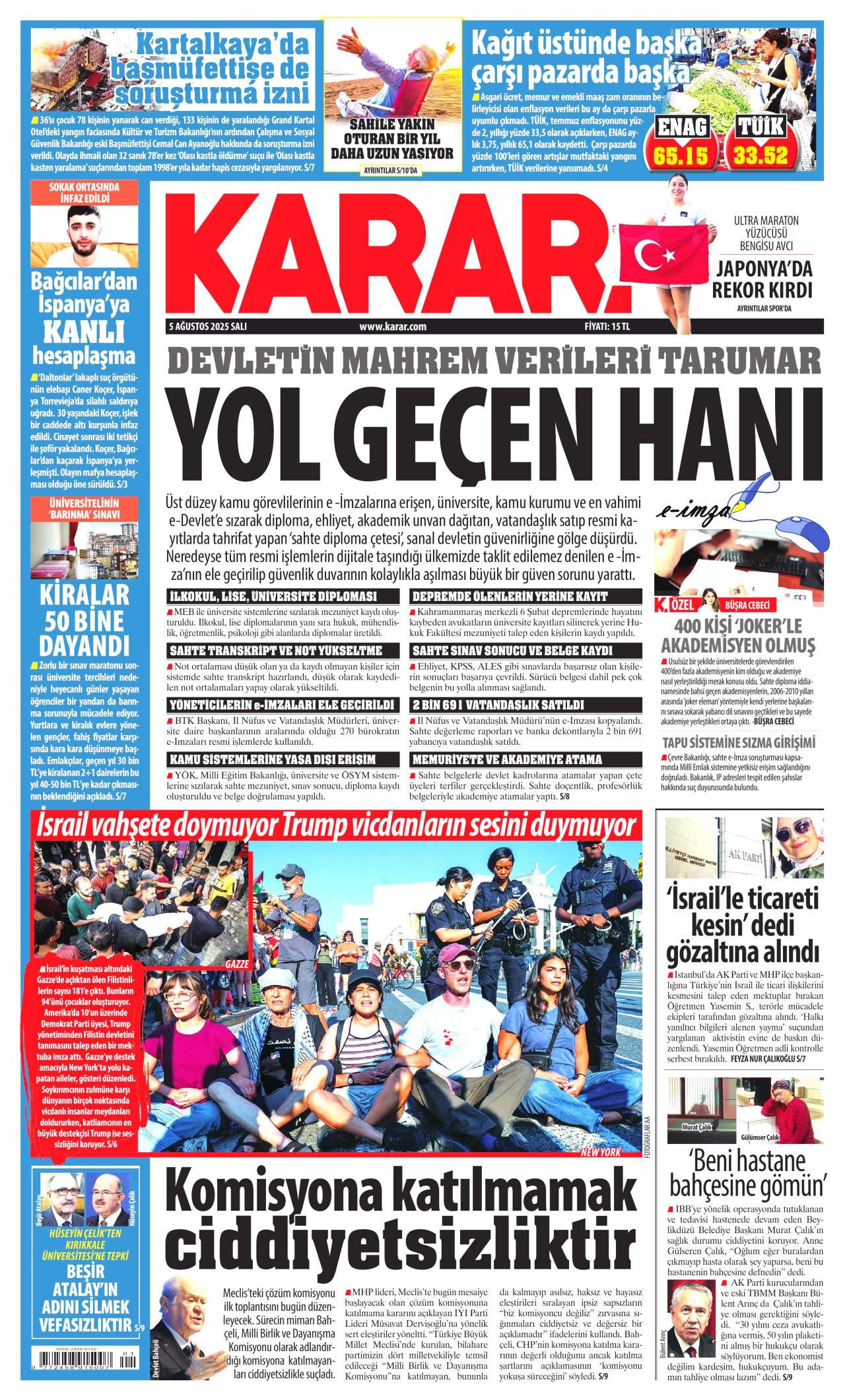 KARAR gazetesinin 5 Ağustos 2025 tarihli birinci sayfası