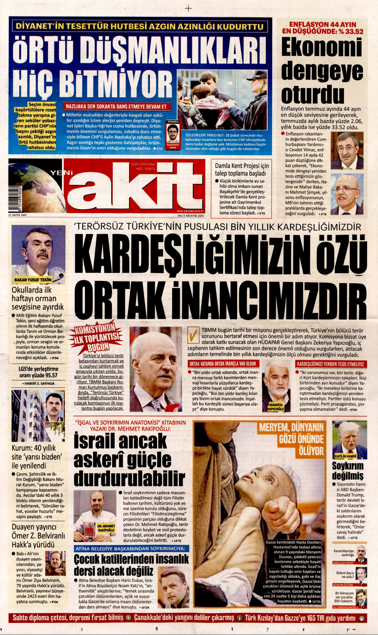 YENİ AKİT gazetesinin 5 Ağustos 2025 tarihli birinci sayfası
