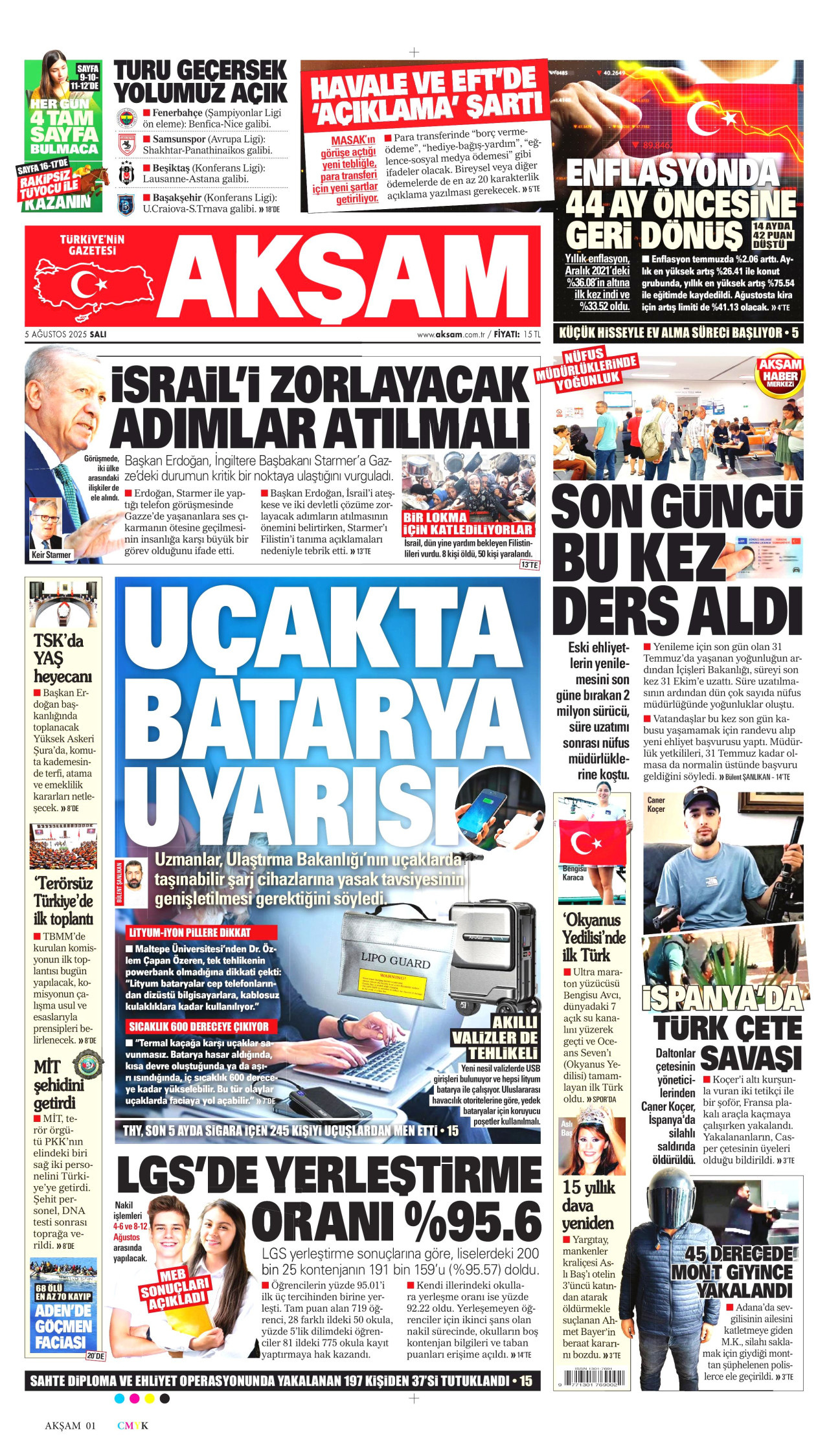 AKŞAM gazetesinin 5 Ağustos 2025 tarihli birinci sayfası