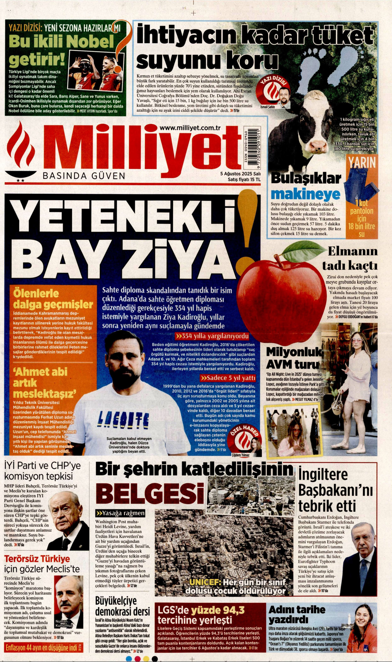 MİLLİYET gazetesinin 5 Ağustos 2025 tarihli birinci sayfası