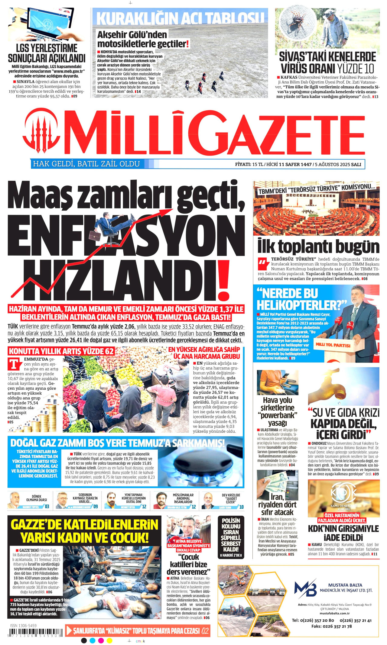 MİLLİ GAZETE gazetesinin 5 Ağustos 2025 tarihli birinci sayfası