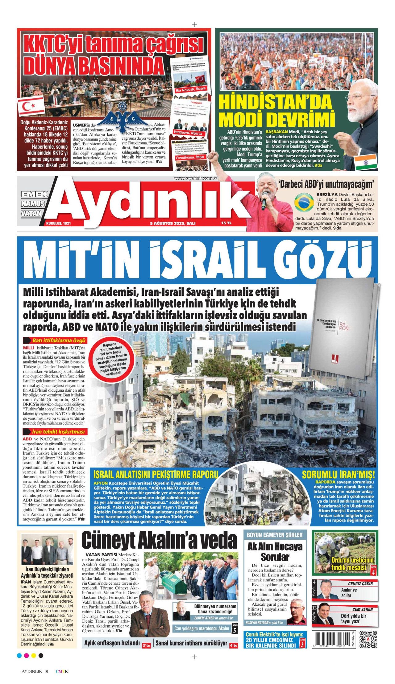 AYDINLIK GAZETESİ gazetesinin 5 Ağustos 2025 tarihli birinci sayfası