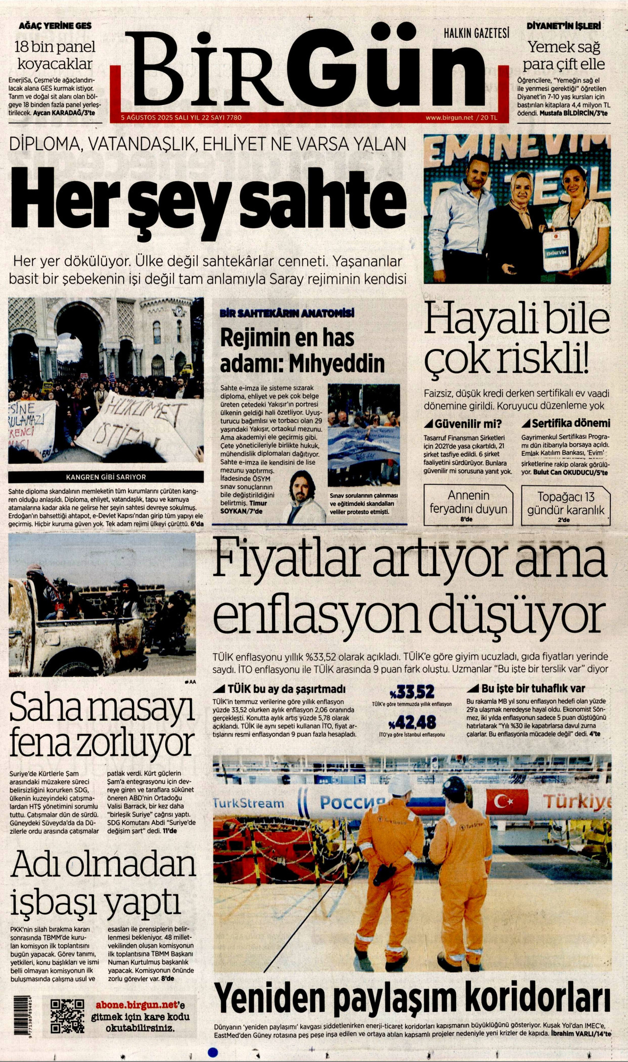 BİRGÜN gazetesinin 5 Ağustos 2025 tarihli birinci sayfası