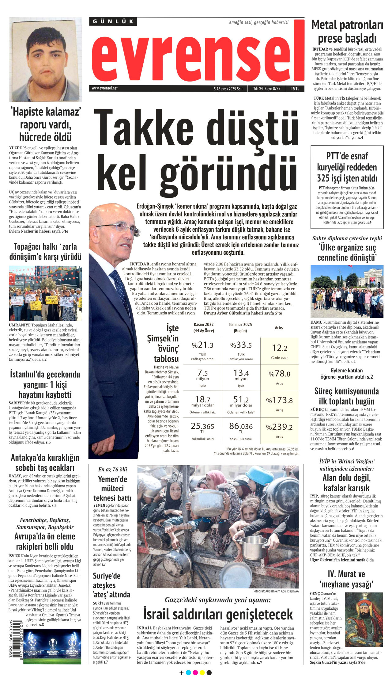 EVRENSEL gazetesinin 5 Ağustos 2025 tarihli birinci sayfası