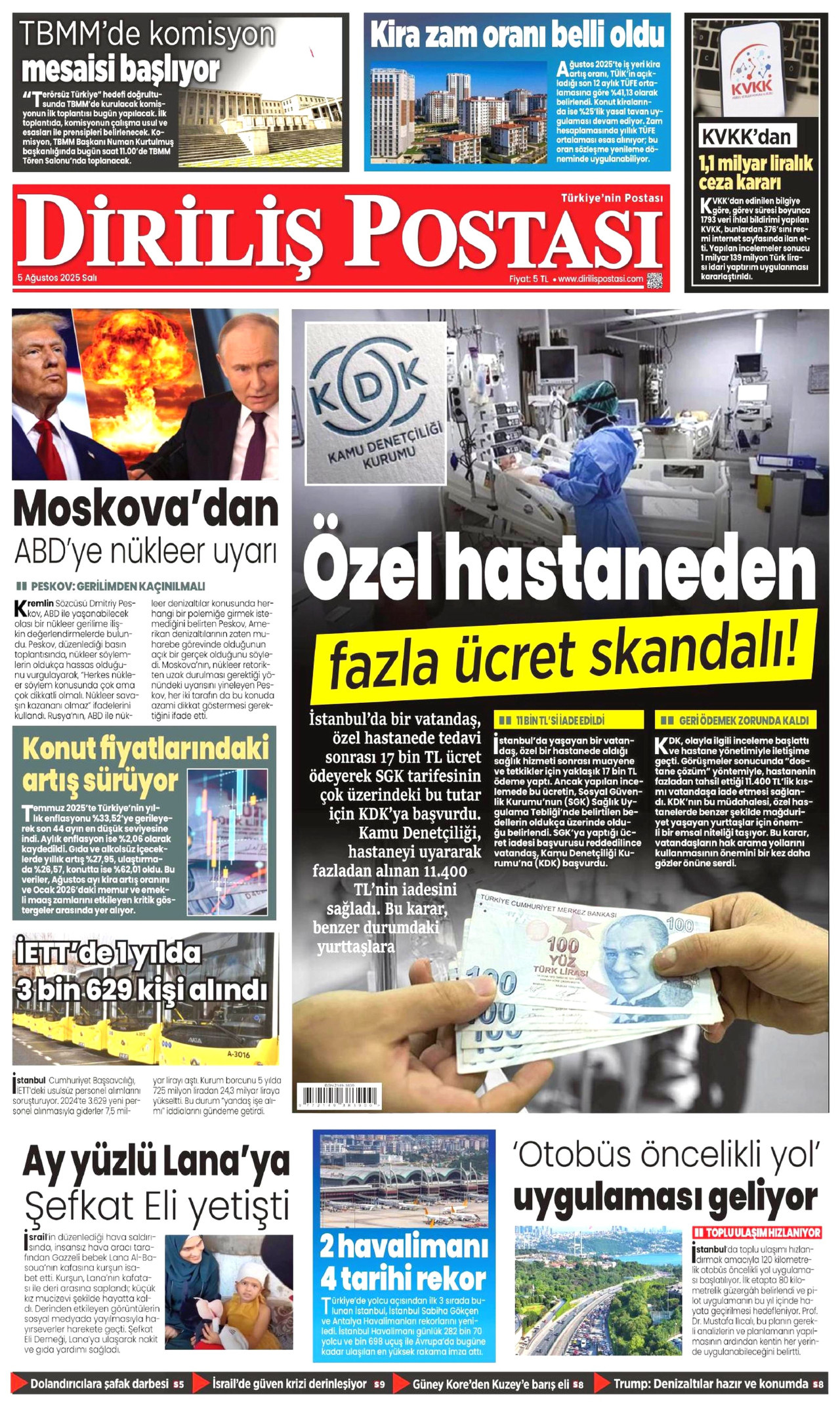 DİRİLİŞ POSTASI gazetesinin 5 Ağustos 2025 tarihli birinci sayfası