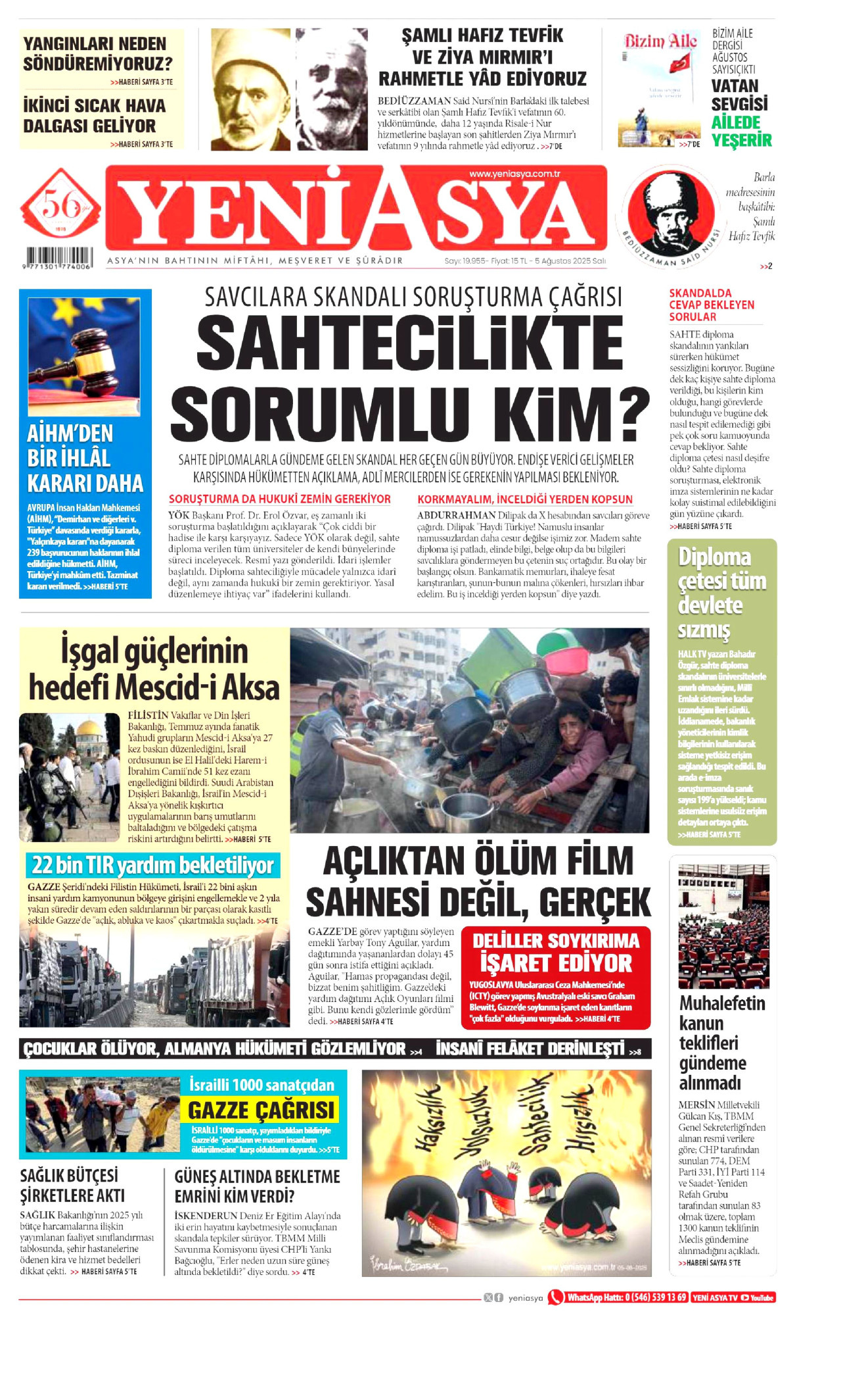 YENİ ASYA gazetesinin 5 Ağustos 2025 tarihli birinci sayfası