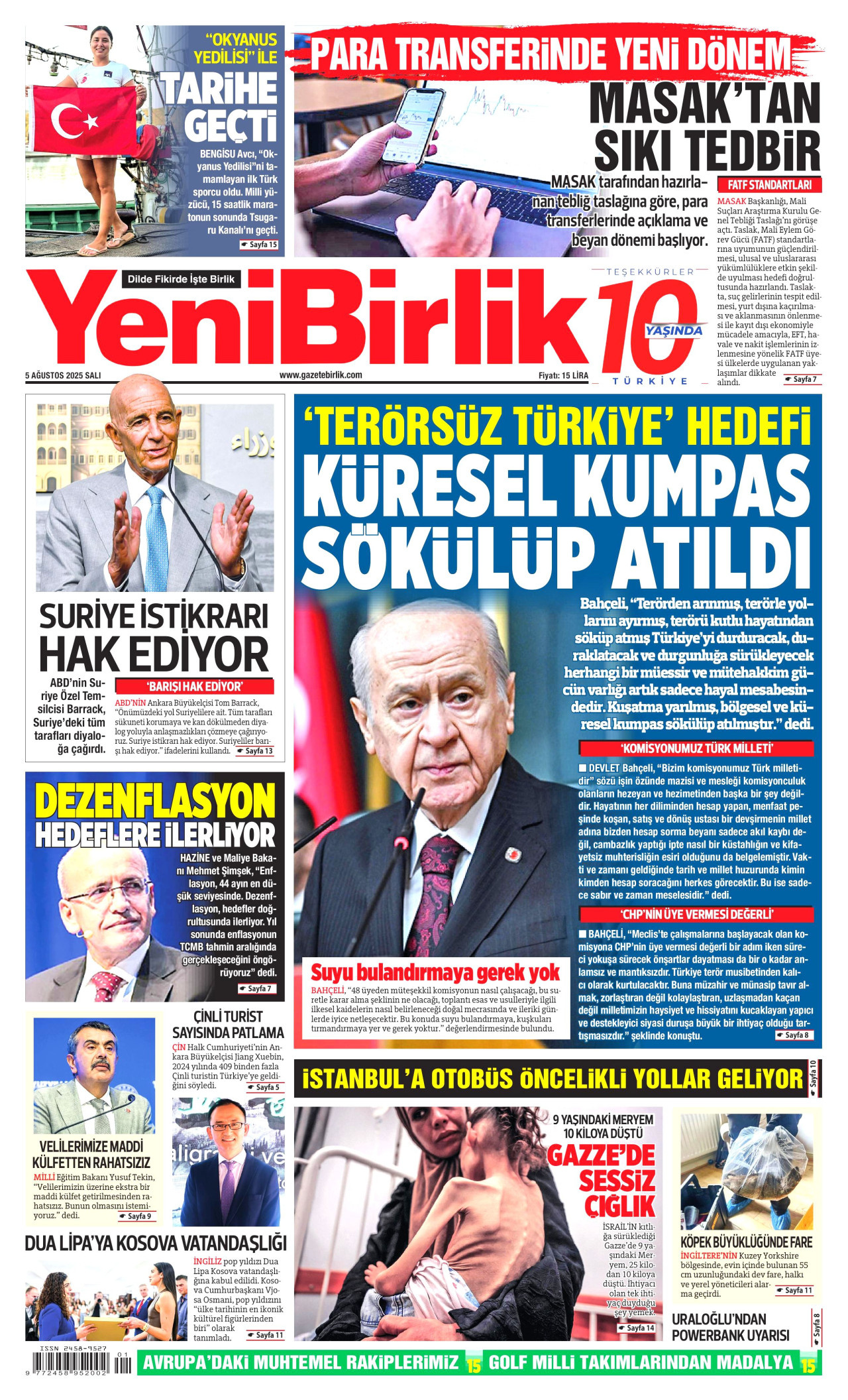 YENİBİRLİK gazetesinin 5 Ağustos 2025 tarihli birinci sayfası