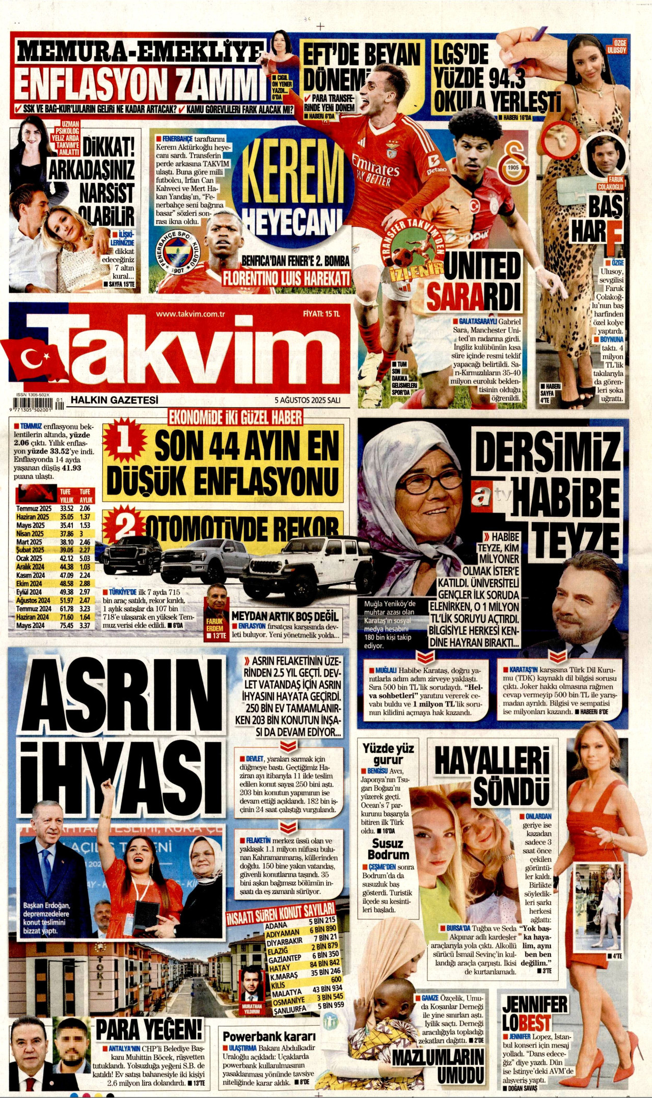TAKVİM gazetesinin 5 Ağustos 2025 tarihli birinci sayfası