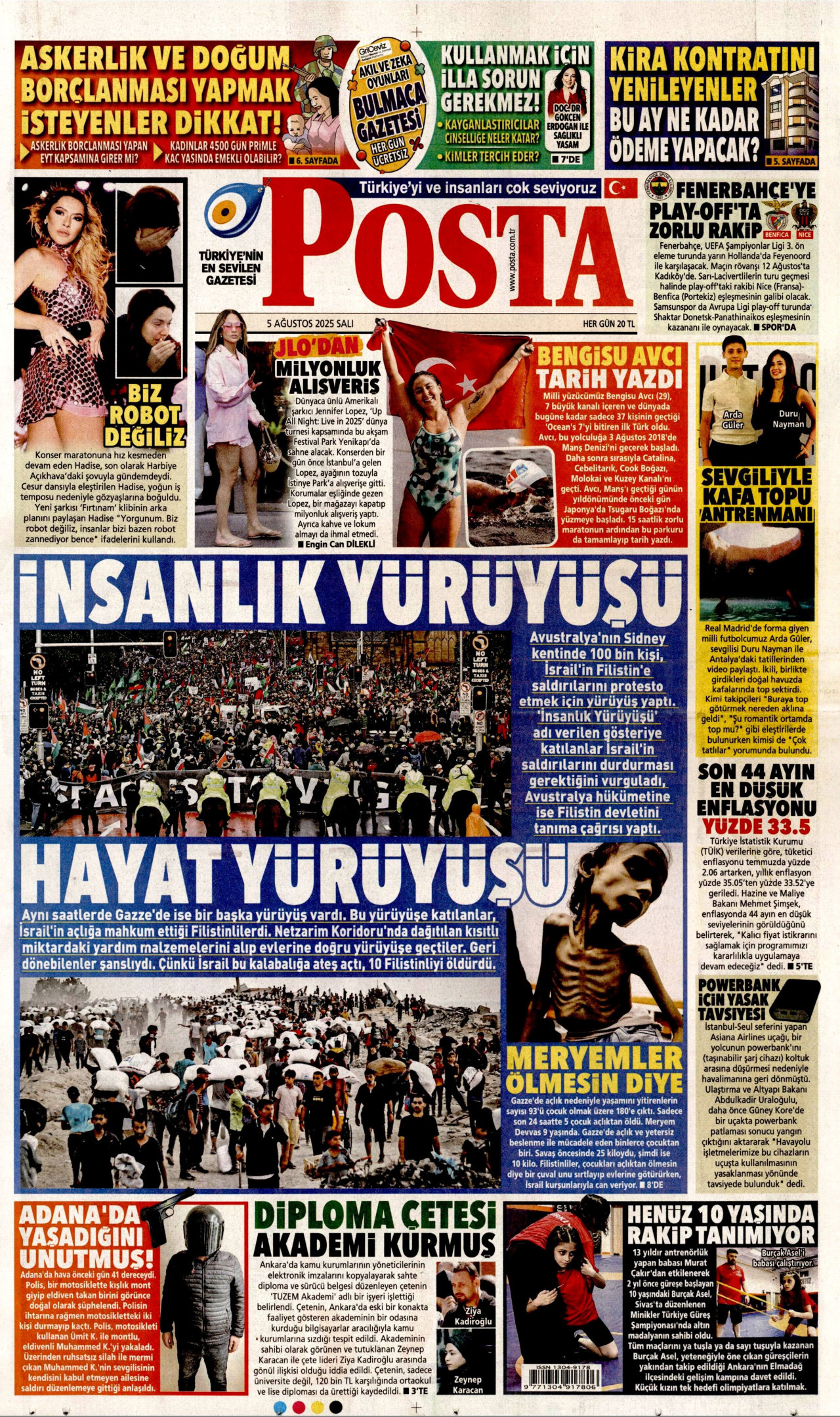 POSTA gazetesinin 5 Ağustos 2025 tarihli birinci sayfası