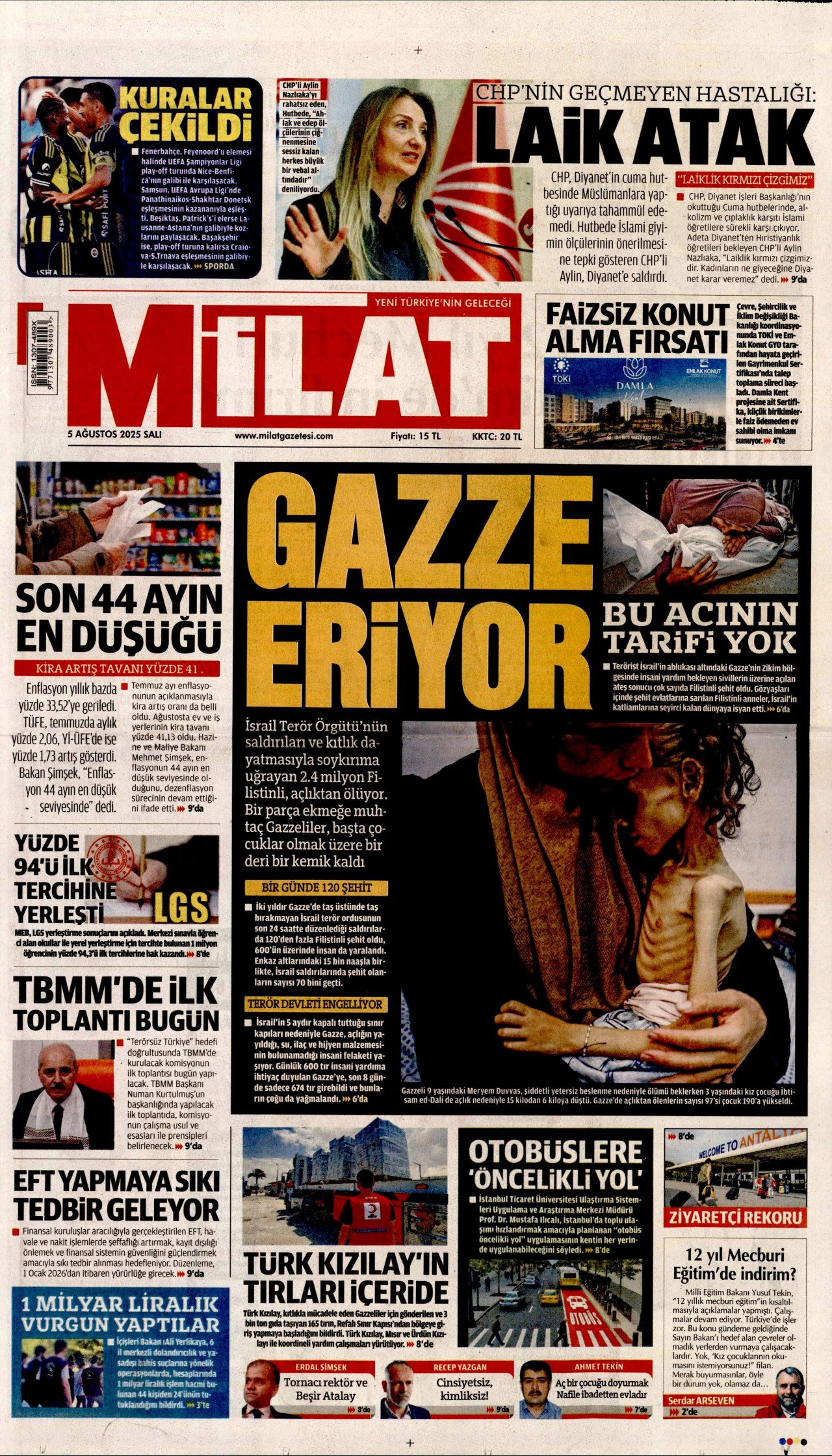 MİLAT gazetesinin 5 Ağustos 2025 tarihli birinci sayfası