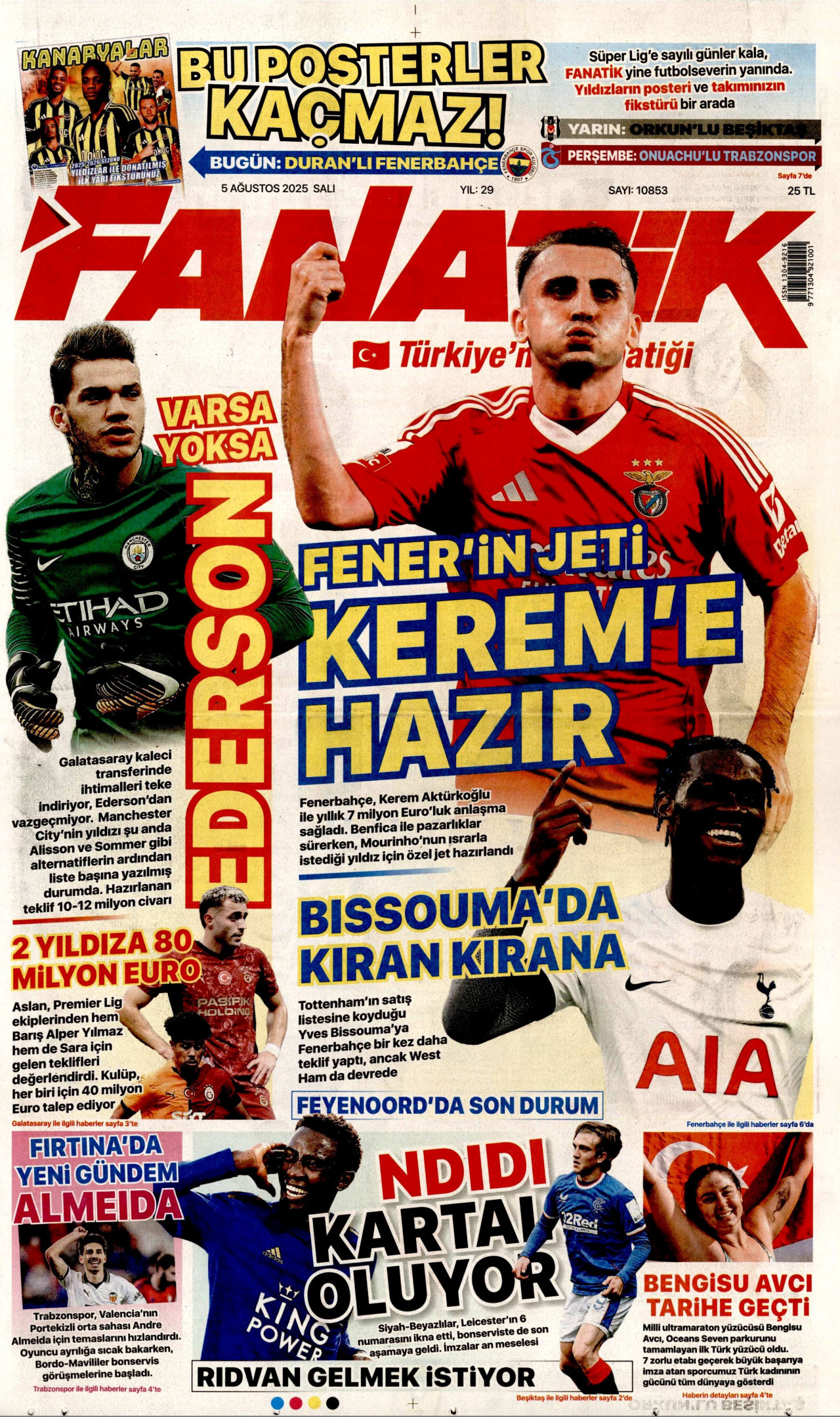 FANATİK gazetesinin 5 Ağustos 2025 tarihli birinci sayfası
