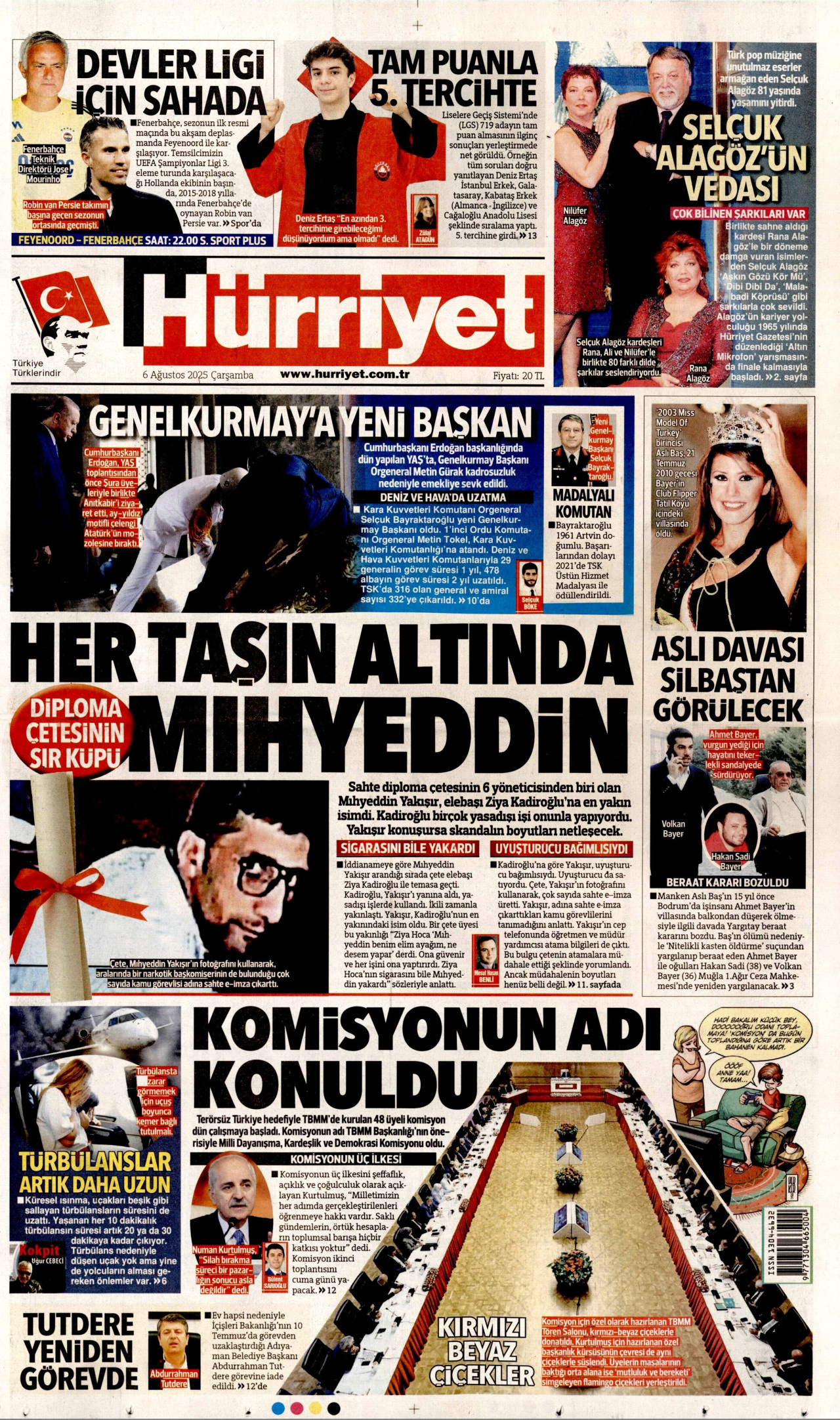 HÜRRİYET gazetesinin 6 Ağustos 2025 tarihli birinci sayfası