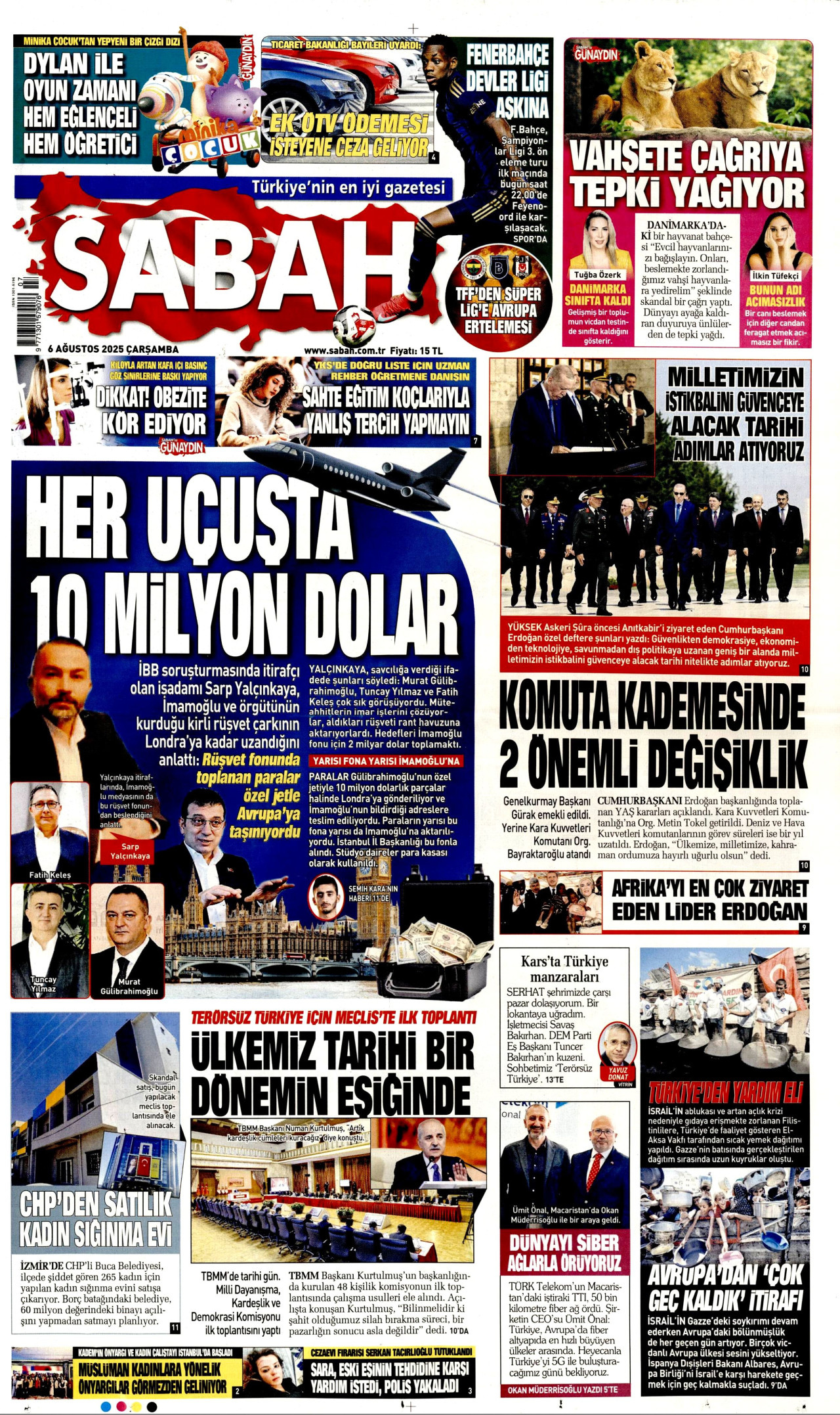 SABAH gazetesinin 6 Ağustos 2025 tarihli birinci sayfası