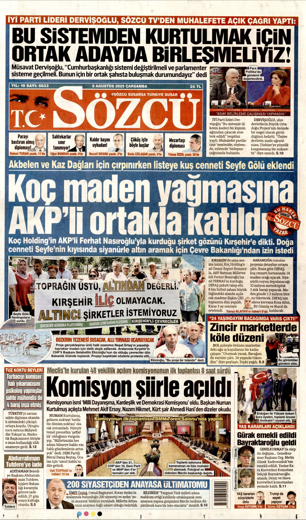 SÖZCÜ gazetesinin 6 Ağustos 2025 tarihli birinci sayfası