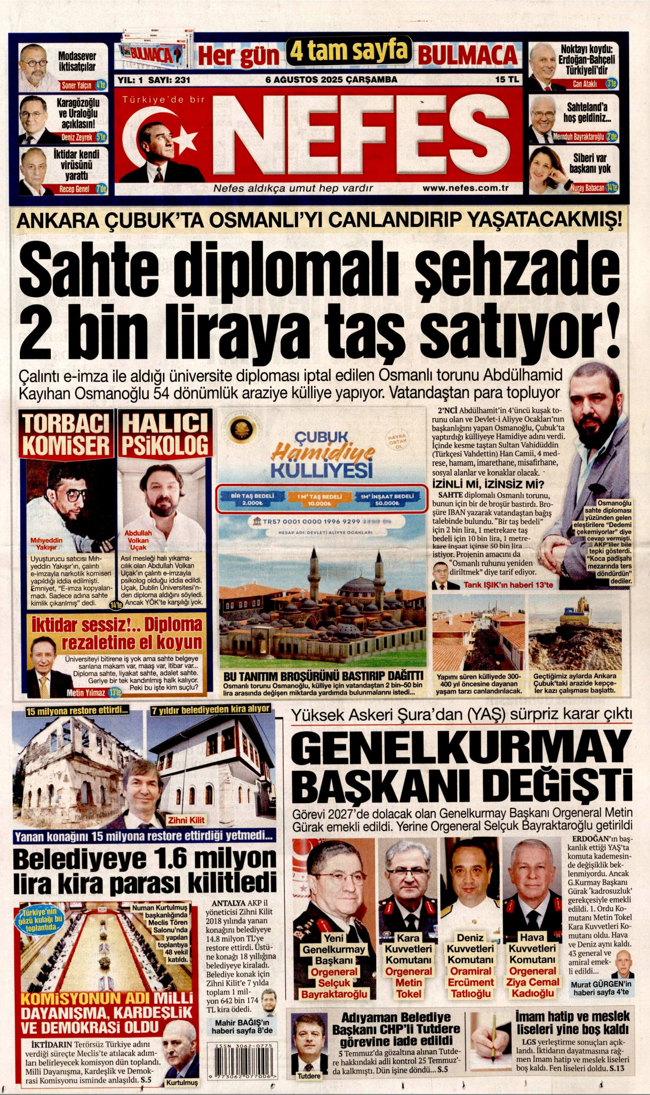 NEFES gazetesinin 6 Ağustos 2025 tarihli birinci sayfası