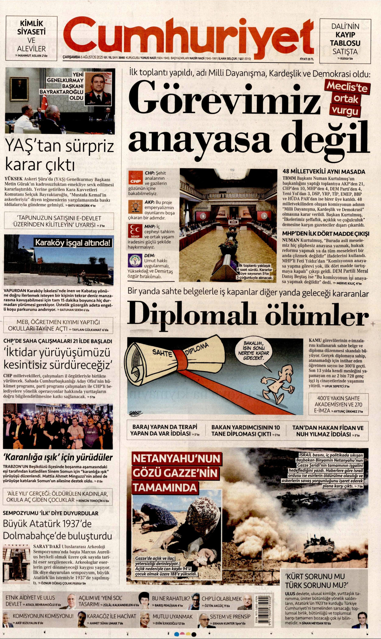 CUMHURİYET gazetesinin 6 Ağustos 2025 tarihli birinci sayfası