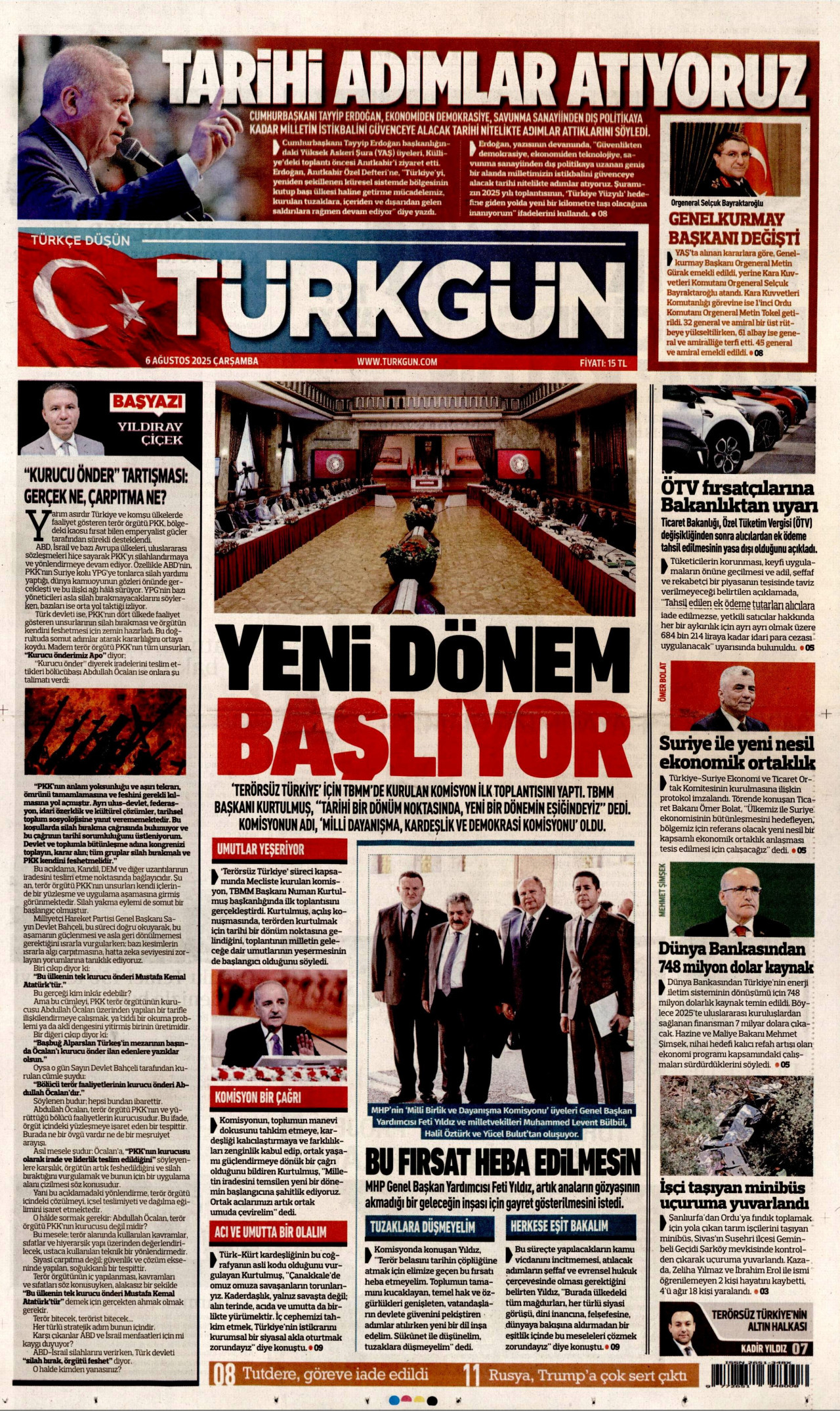 TÜRKGÜN gazetesinin 6 Ağustos 2025 tarihli birinci sayfası