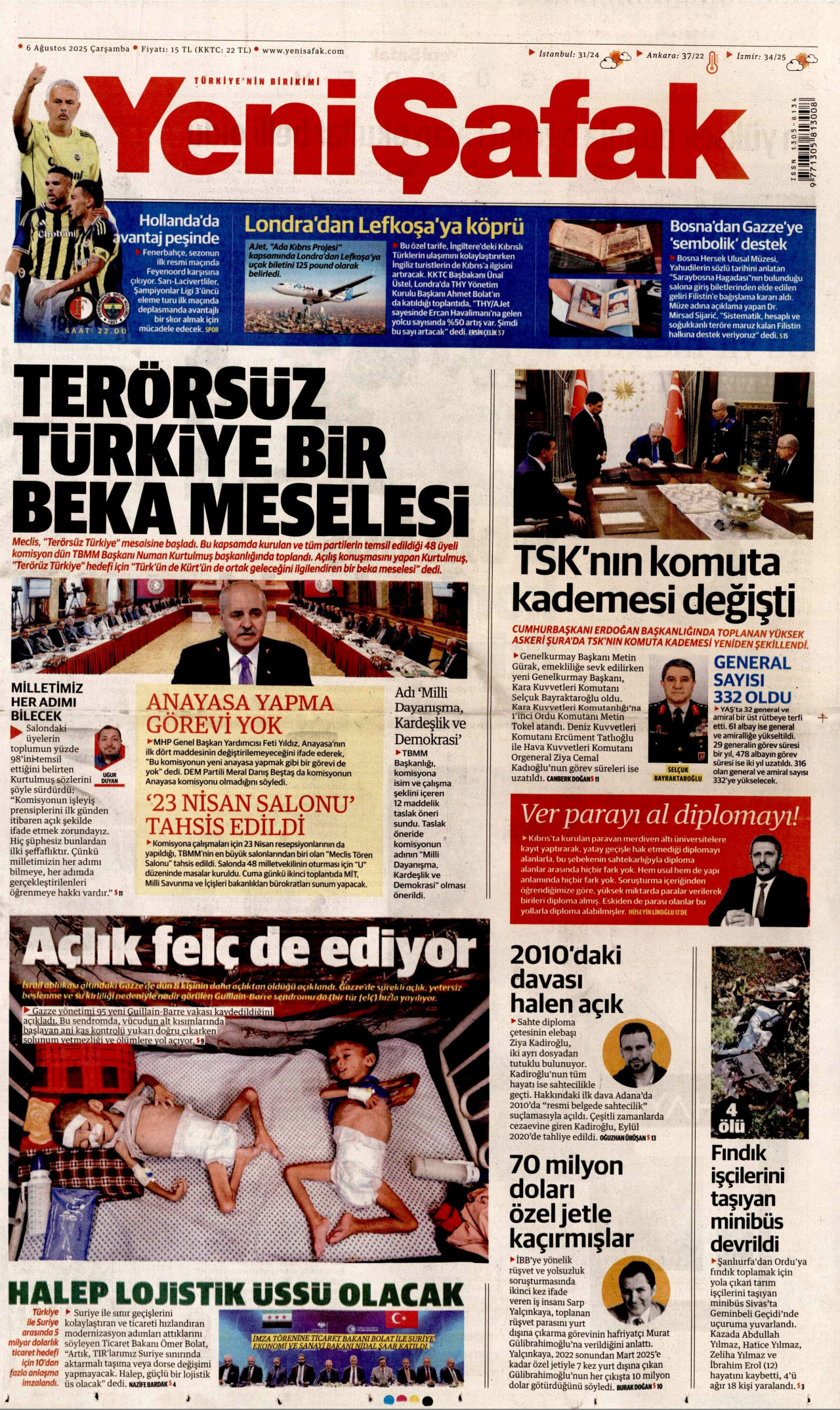 YENİ ŞAFAK gazetesinin 6 Ağustos 2025 tarihli birinci sayfası
