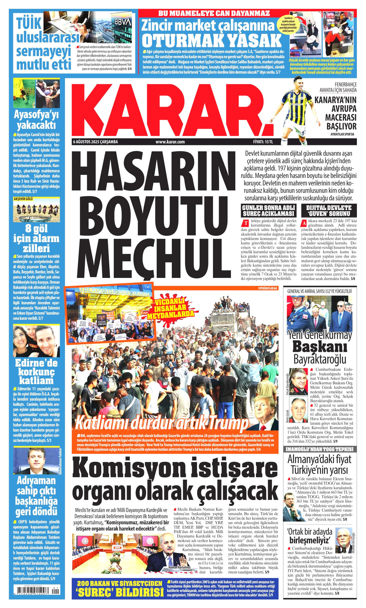 KARAR gazetesinin 6 Ağustos 2025 tarihli birinci sayfası