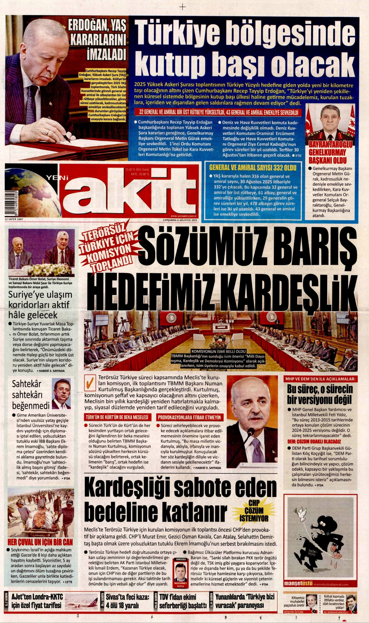 YENİ AKİT gazetesinin 6 Ağustos 2025 tarihli birinci sayfası