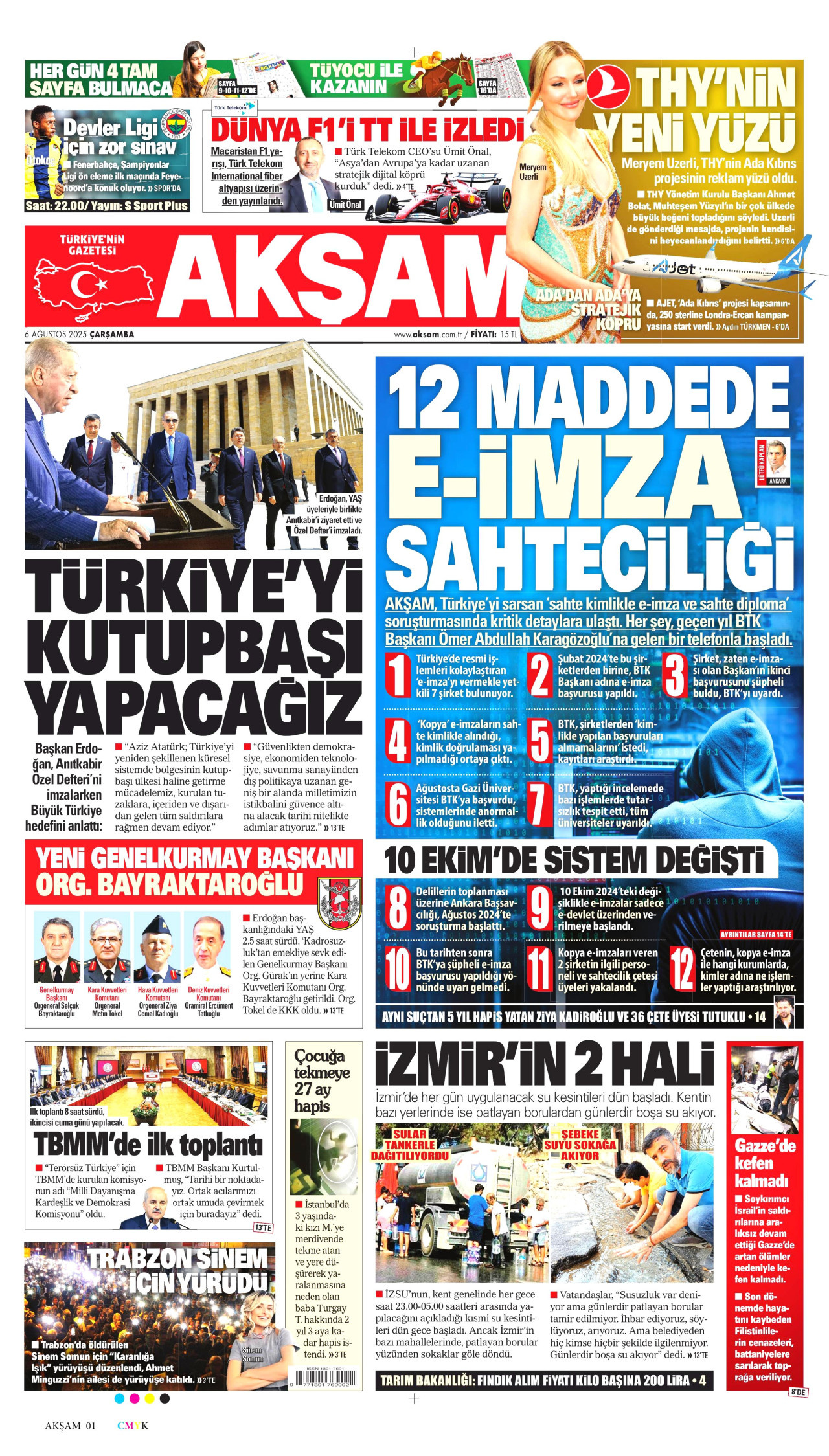AKŞAM gazetesinin 6 Ağustos 2025 tarihli birinci sayfası