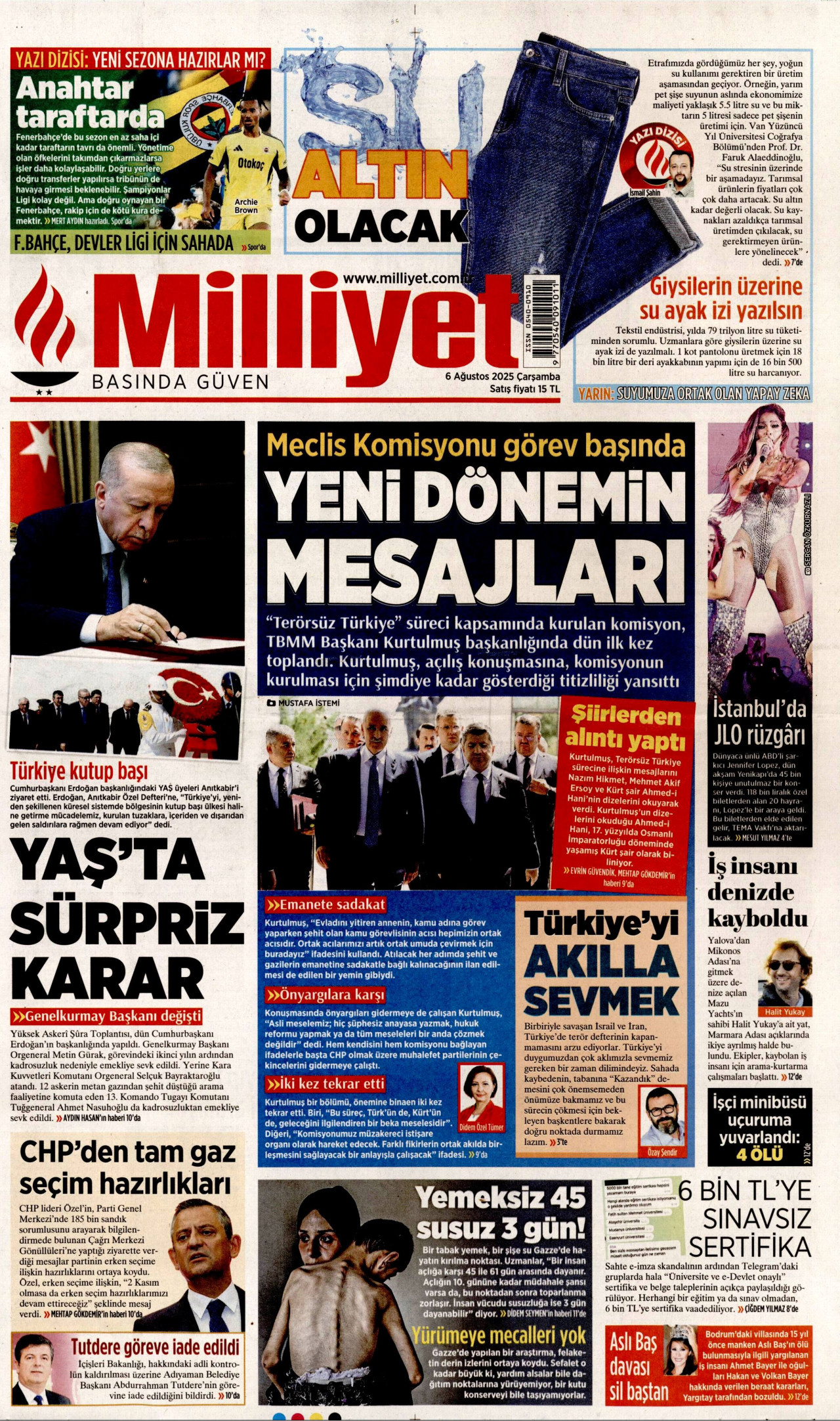MİLLİYET gazetesinin 6 Ağustos 2025 tarihli birinci sayfası