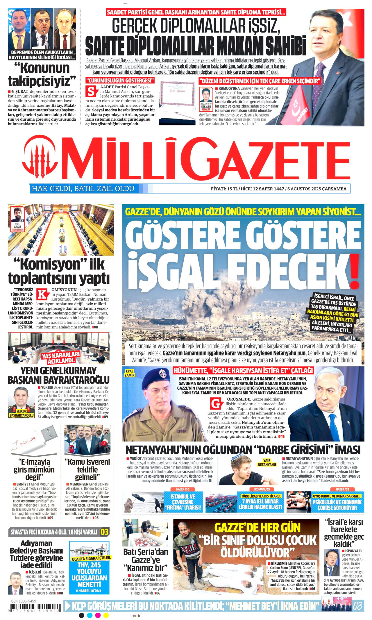 MİLLİ GAZETE gazetesinin 6 Ağustos 2025 tarihli birinci sayfası