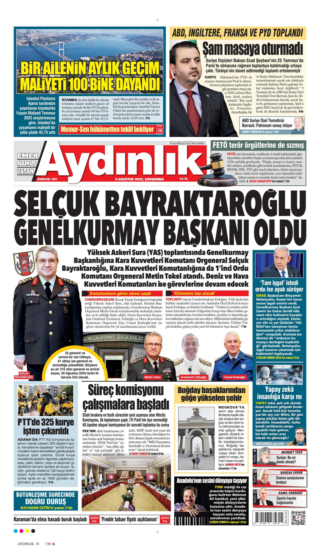 AYDINLIK GAZETESİ gazetesinin 6 Ağustos 2025 tarihli birinci sayfası