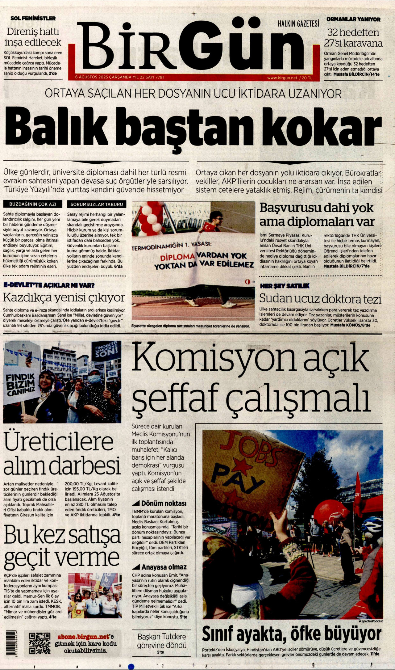 BİRGÜN gazetesinin 6 Ağustos 2025 tarihli birinci sayfası
