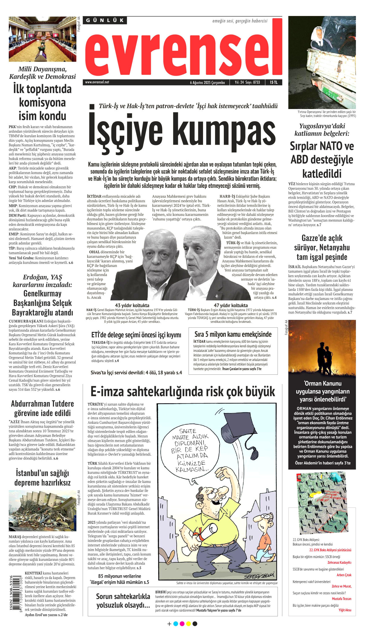 EVRENSEL gazetesinin 6 Ağustos 2025 tarihli birinci sayfası