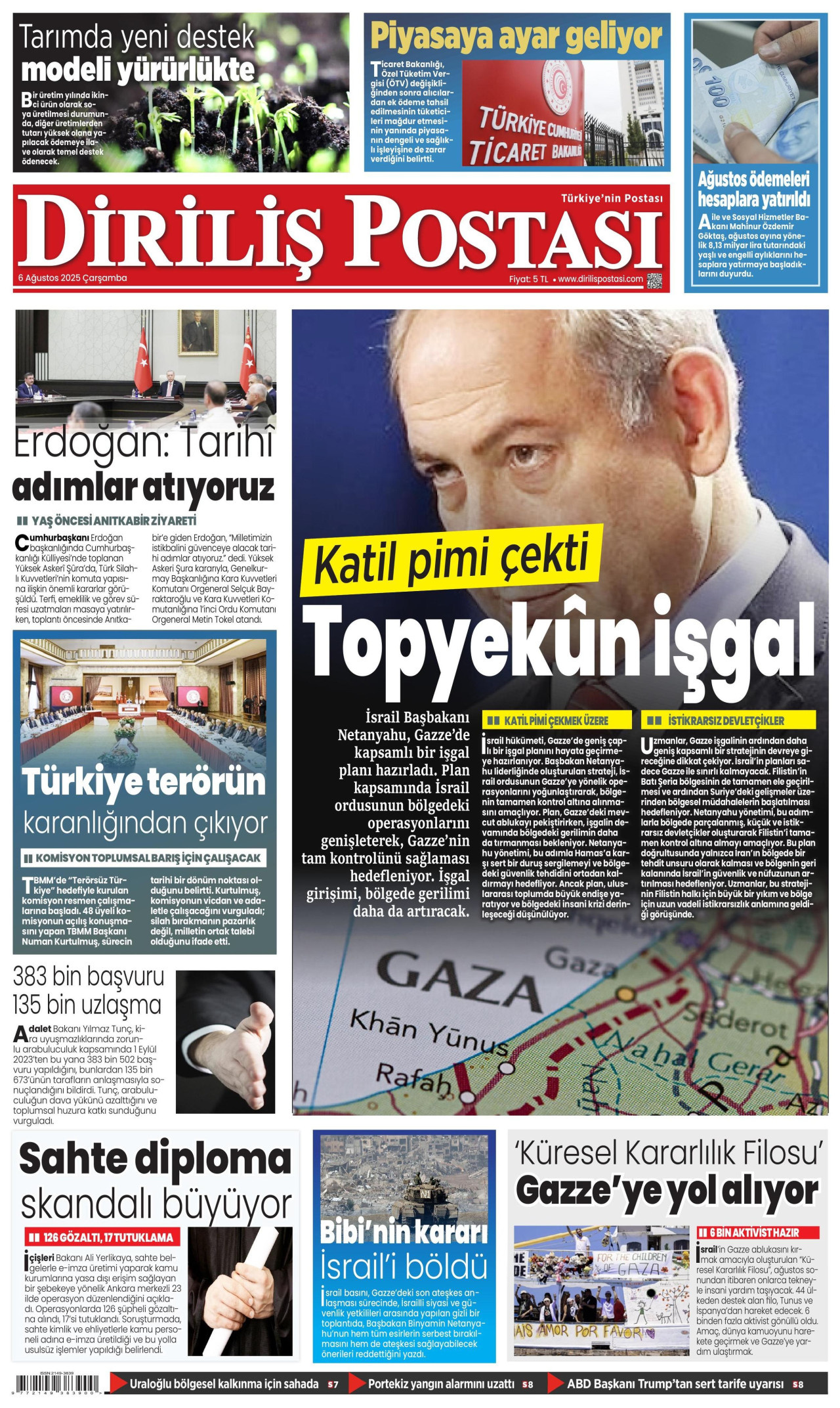DİRİLİŞ POSTASI gazetesinin 6 Ağustos 2025 tarihli birinci sayfası